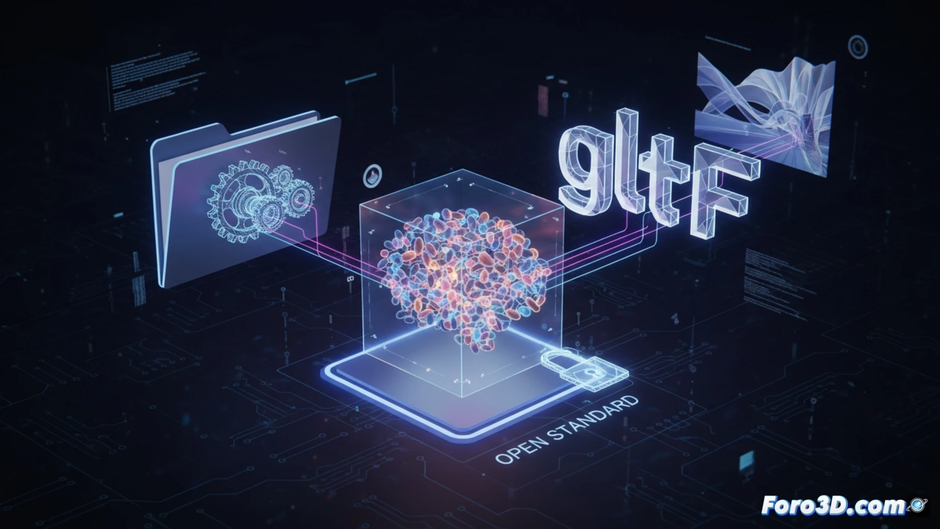 Una extensión de glTF, representada como un documento técnico, muestra un modelo 3D híbrido: una mitad es una malla alámbrica clásica y la otra una nube densa y colorida de puntos gaussianos.