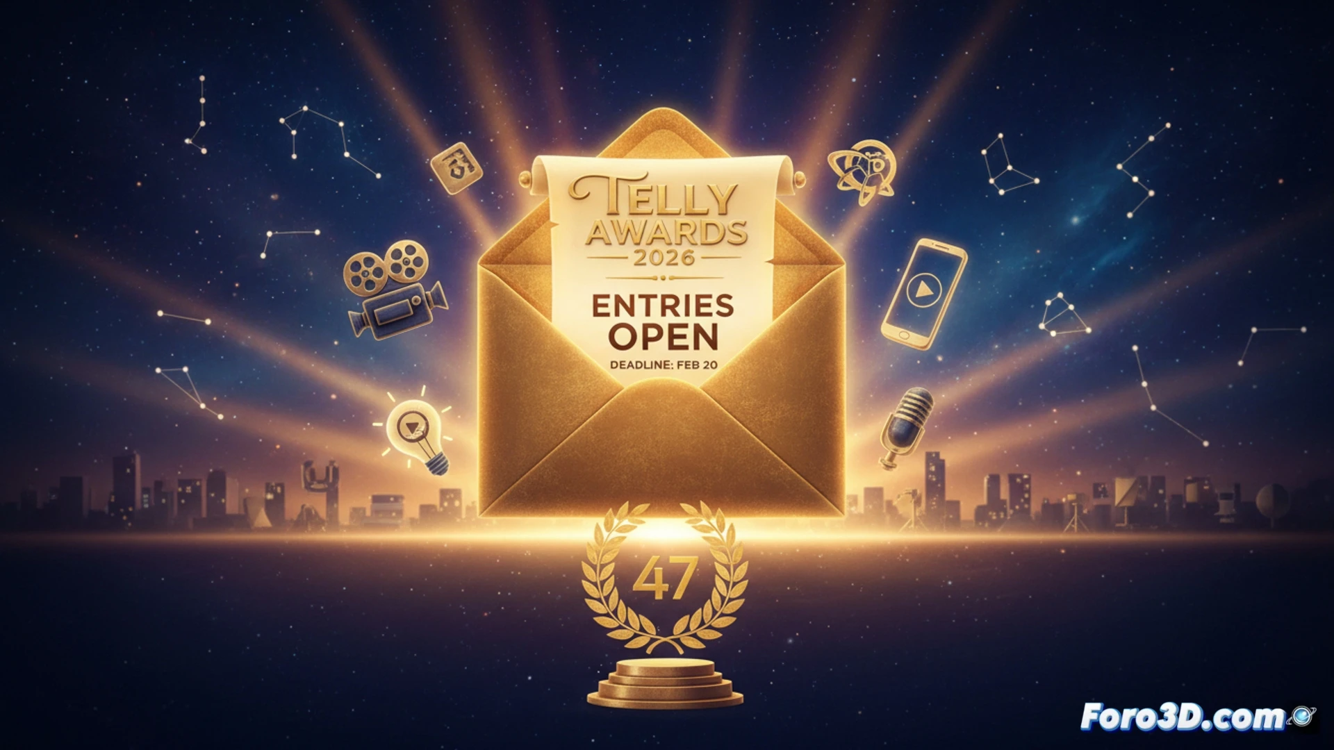 Una mano sostiene un trofeo Telly reflectante, con vídeos y gráficos brillando en su superficie. Fondo de luces de neón y fecha límite destacada.