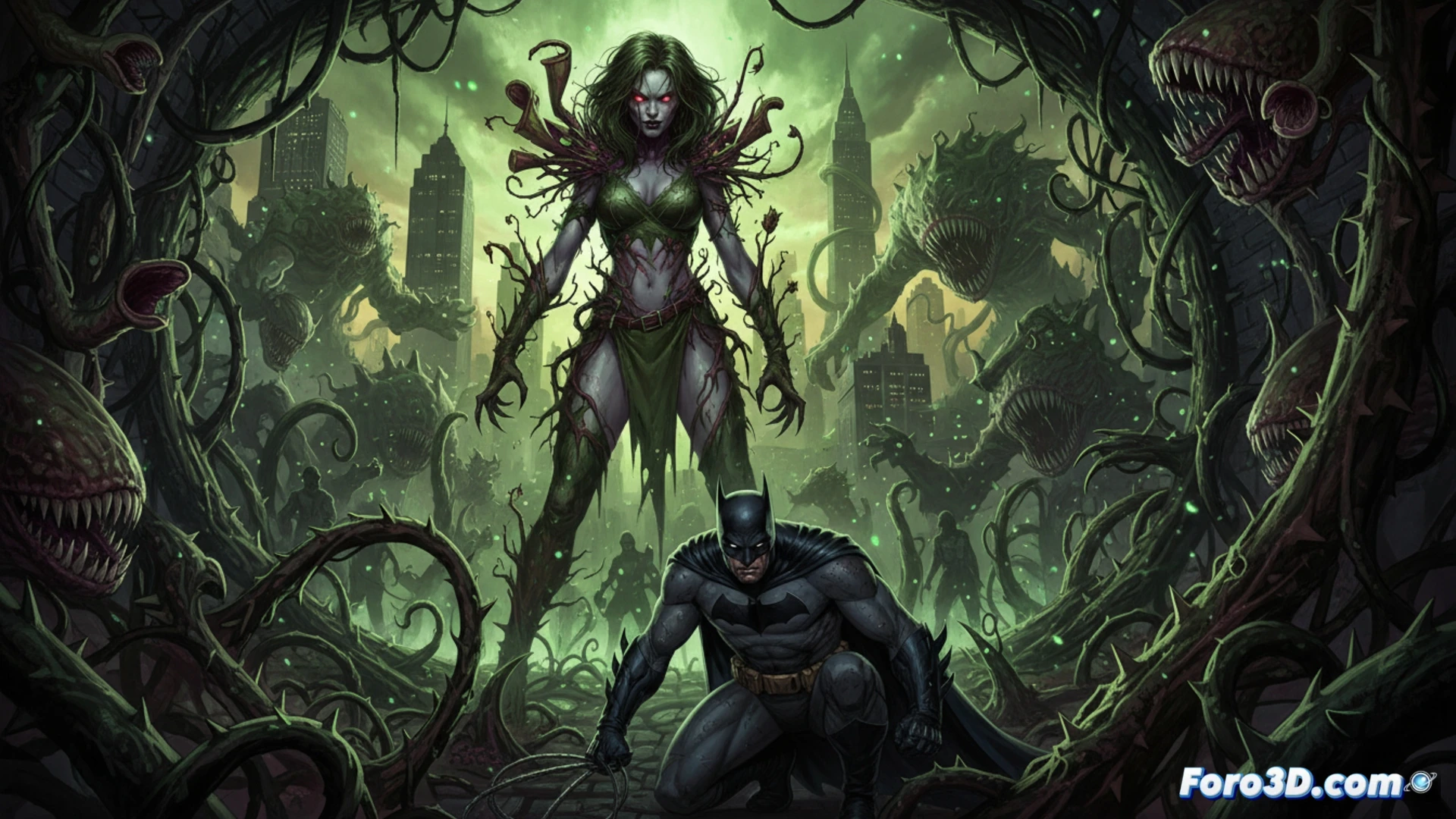 Una Poison Ivy visceral, con plantas brotando de su carne, aterroriza un Arkham convertido en laberinto de pesadillas.