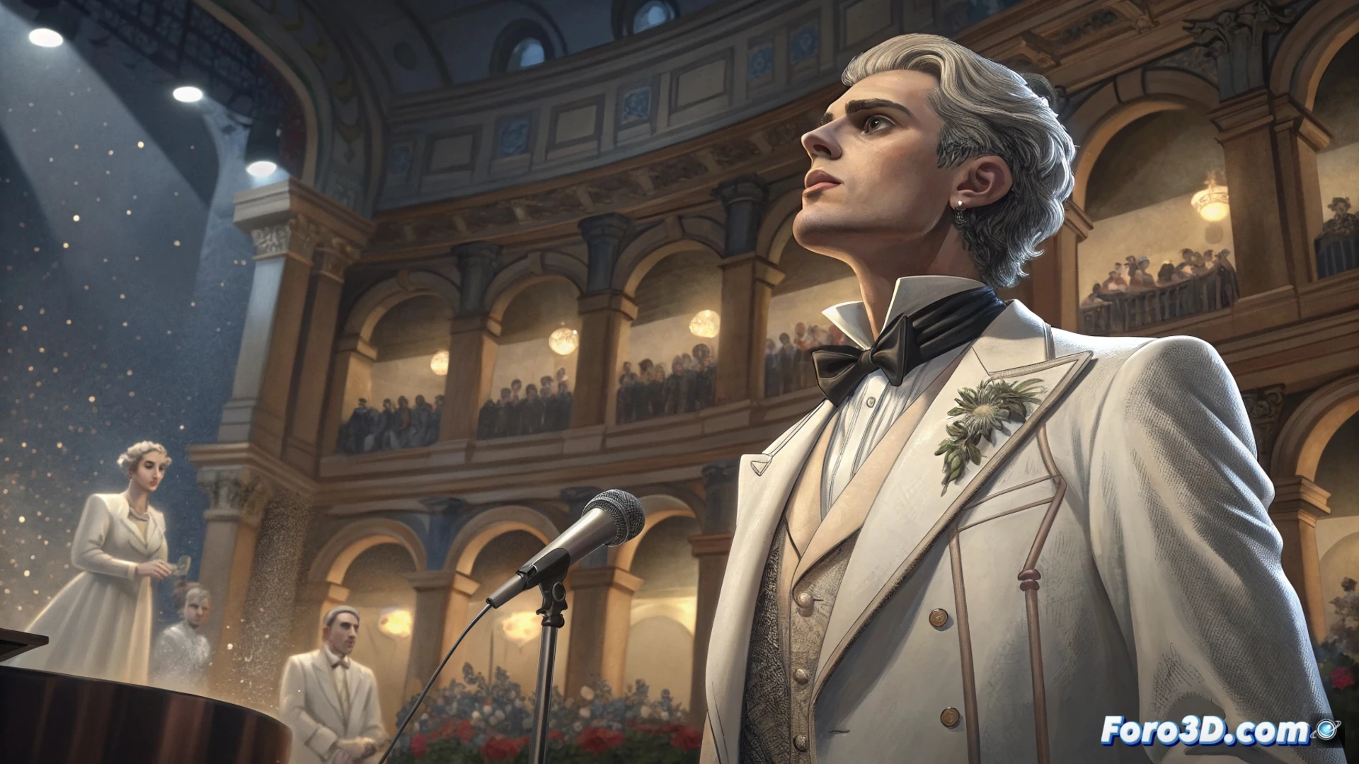 Achille Lauro y Laura Pausini en dueto en el escenario de Sanremo, bajo una lluvia de luces, en una noche de homenaje y emoción.