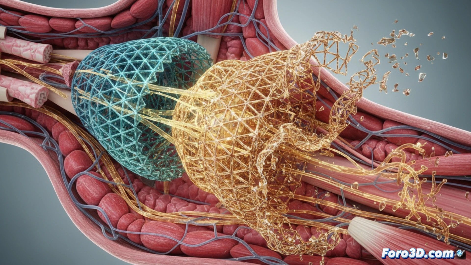 Implante biomédico que cambia de forma dentro del cuerpo mediante degradación programada, activado por fluidos corporales.