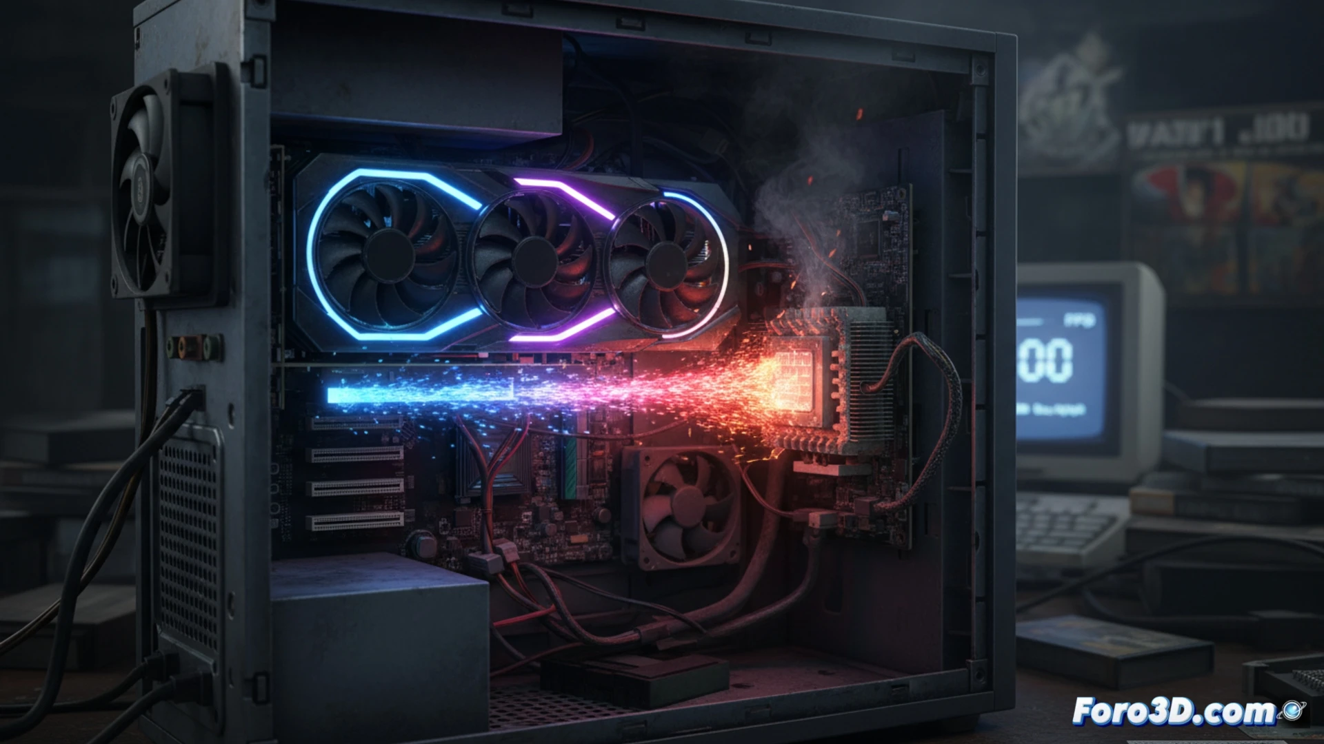 Un PC antiguo con una potente tarjeta gráfica nueva instalada, mientras el viejo procesador se muestra sobrecalentado y frenando el flujo de datos, simbolizando el cuello de botella.