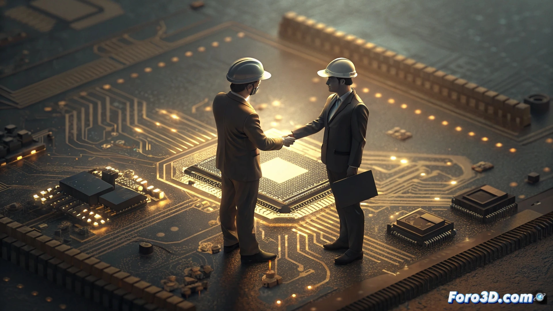 Vista aérea de una enorme fábrica de TSMC en construcción en un paisaje desértico estadounidense, con banderas de EEUU y Taiwán ondeando.