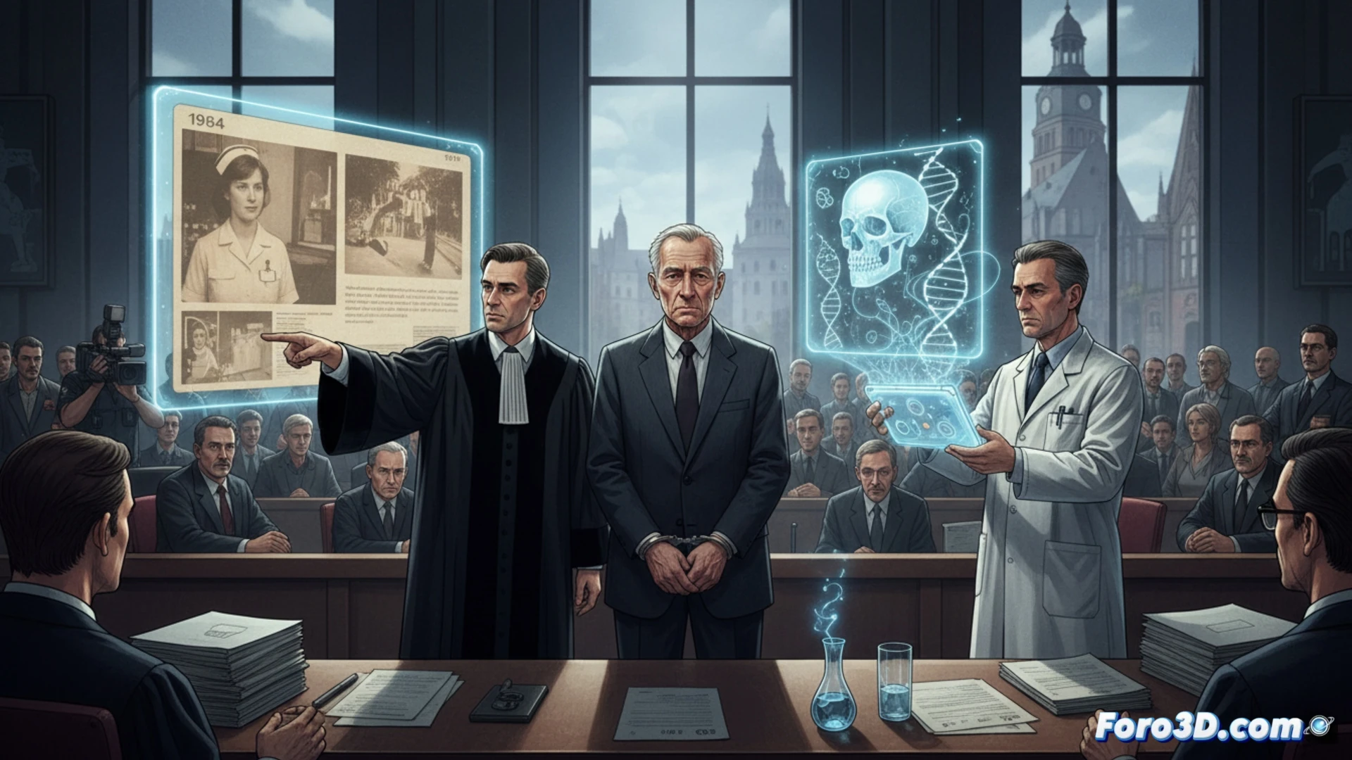 Un hombre ante un tribunal, con imágenes superpuestas de una joven enfermera y un informe forense moderno que contrasta con una foto policial descolorida de 1984.