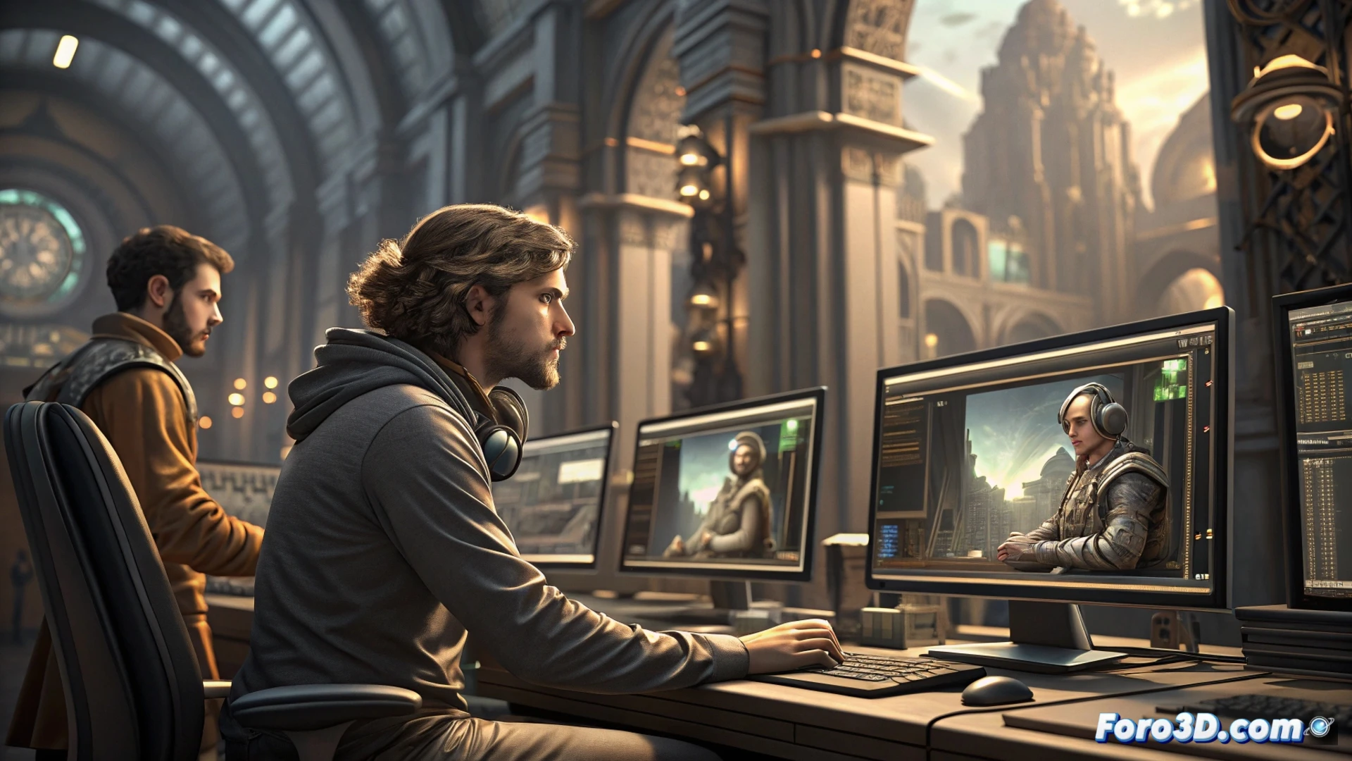 Un editor ajusta un vídeo generado por IA, con ventanas de código y renders 3D en segundo plano. La interfaz muestra Quick Cut de Adobe Firefly.