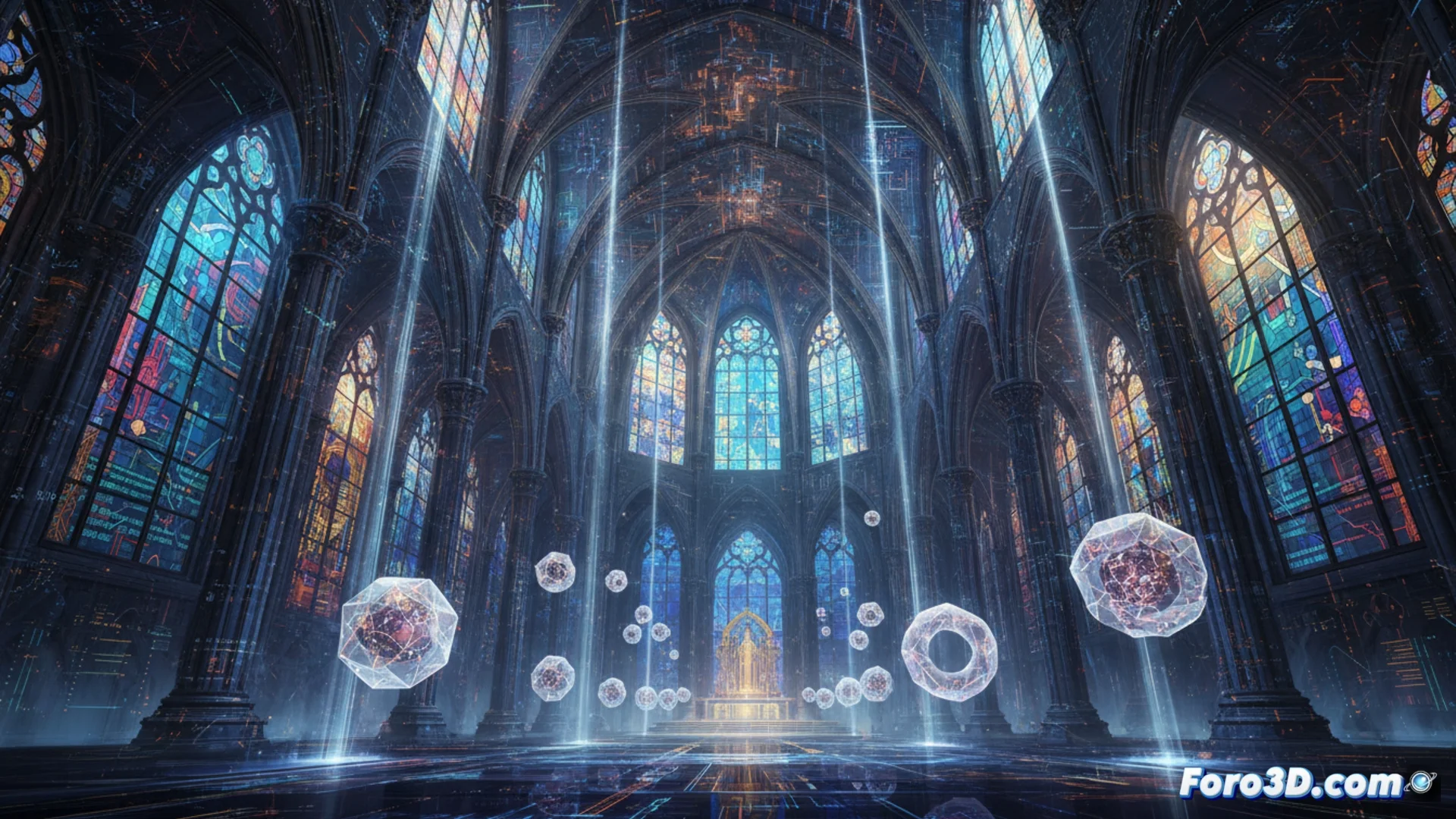 Imagen digital que muestra un icono estilizado que fusiona símbolos de circuitos electrónicos con formas arquitectónicas que recuerdan a los vitrales de una iglesia, creando una estética que mezcla lo tecnológico y lo sacro.