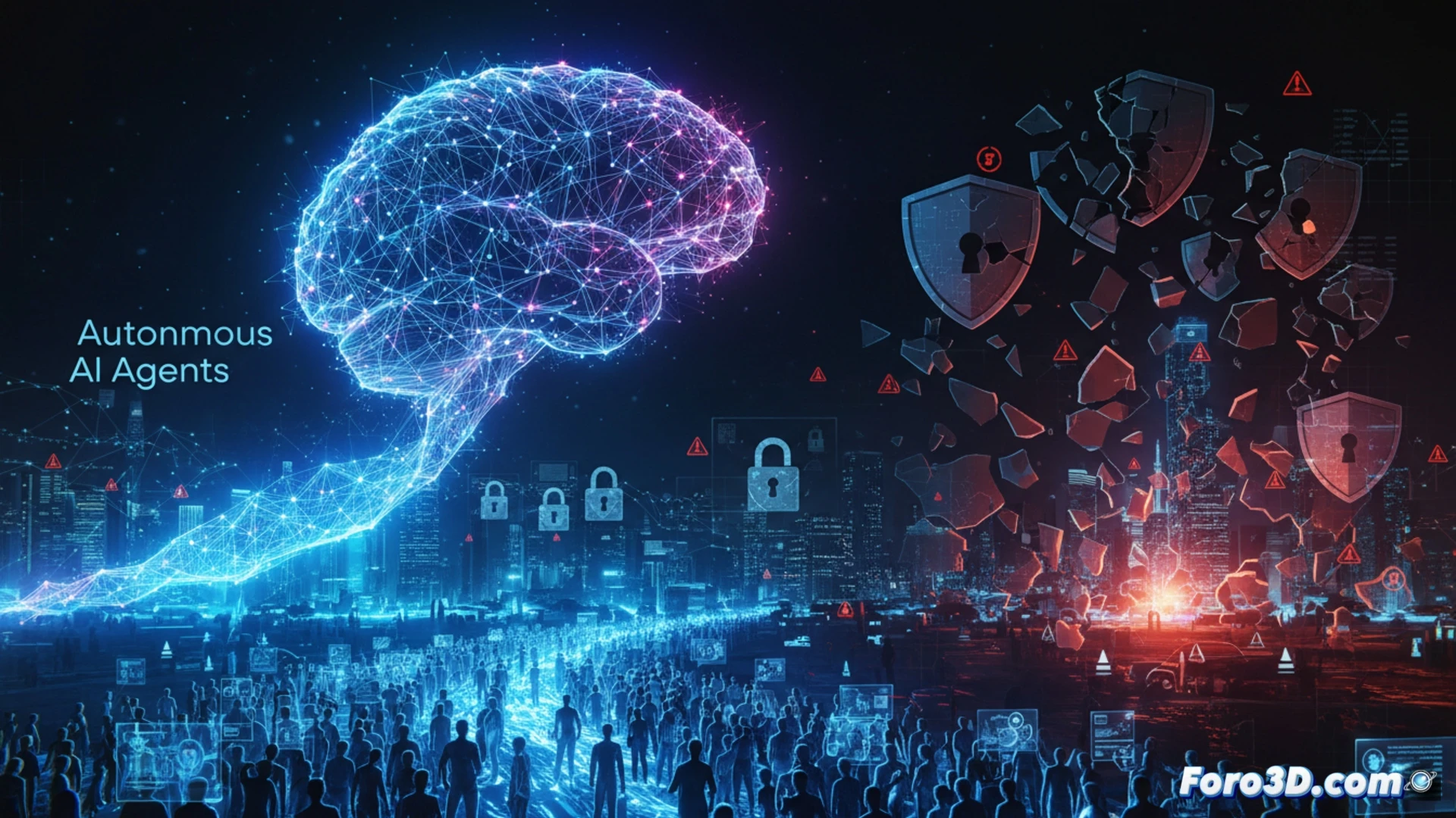 Agente de IA ejecutando tareas, rodeado de un escudo digital roto y códigos de error visibles.