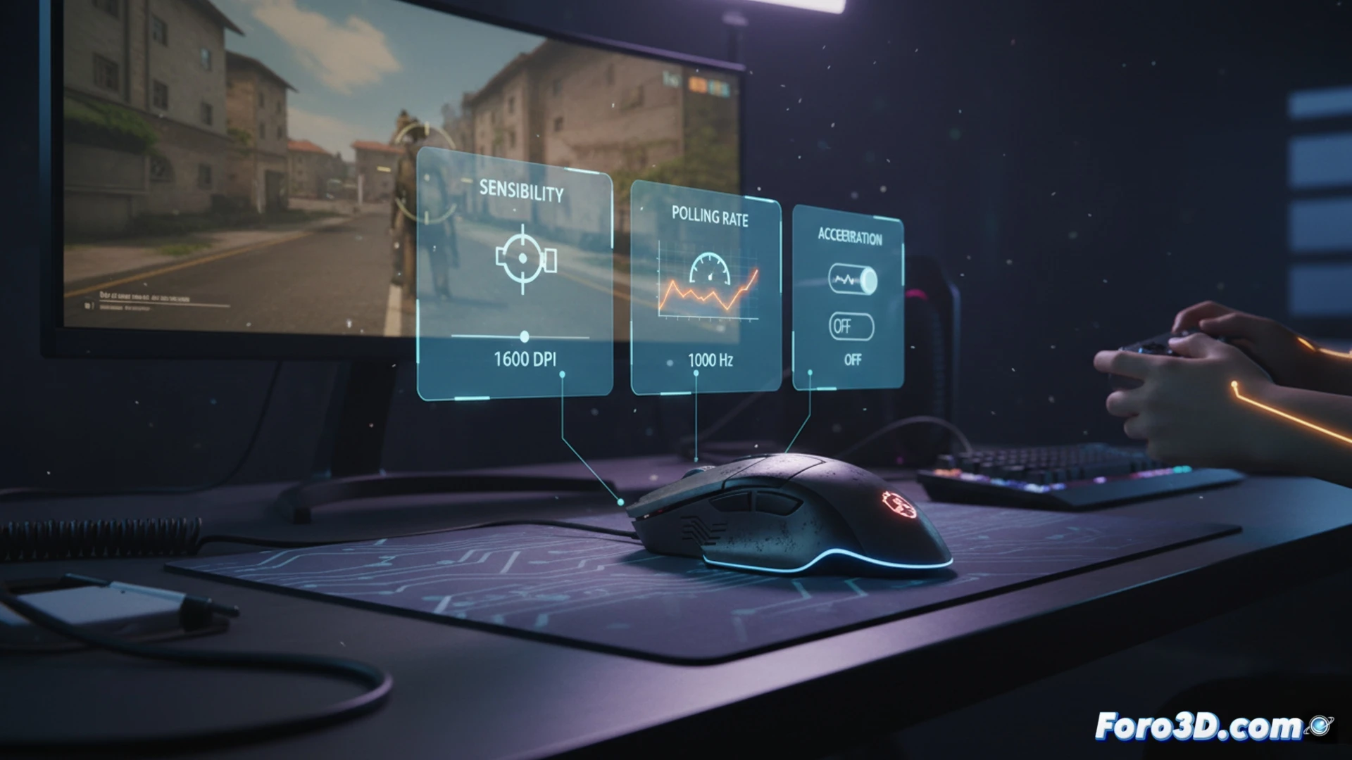 Un ratón gaming sobre un tapete, con ventanas de software de configuración destacando los ajustes de DPI, pooling rate y aceleración en la pantalla.