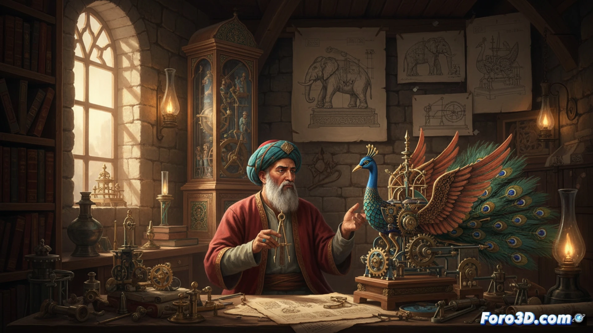 Un anciano con turbante examina un complejo mecanismo de engranajes y palancas, rodeado de manuscritos y prototipos de sus inventos.