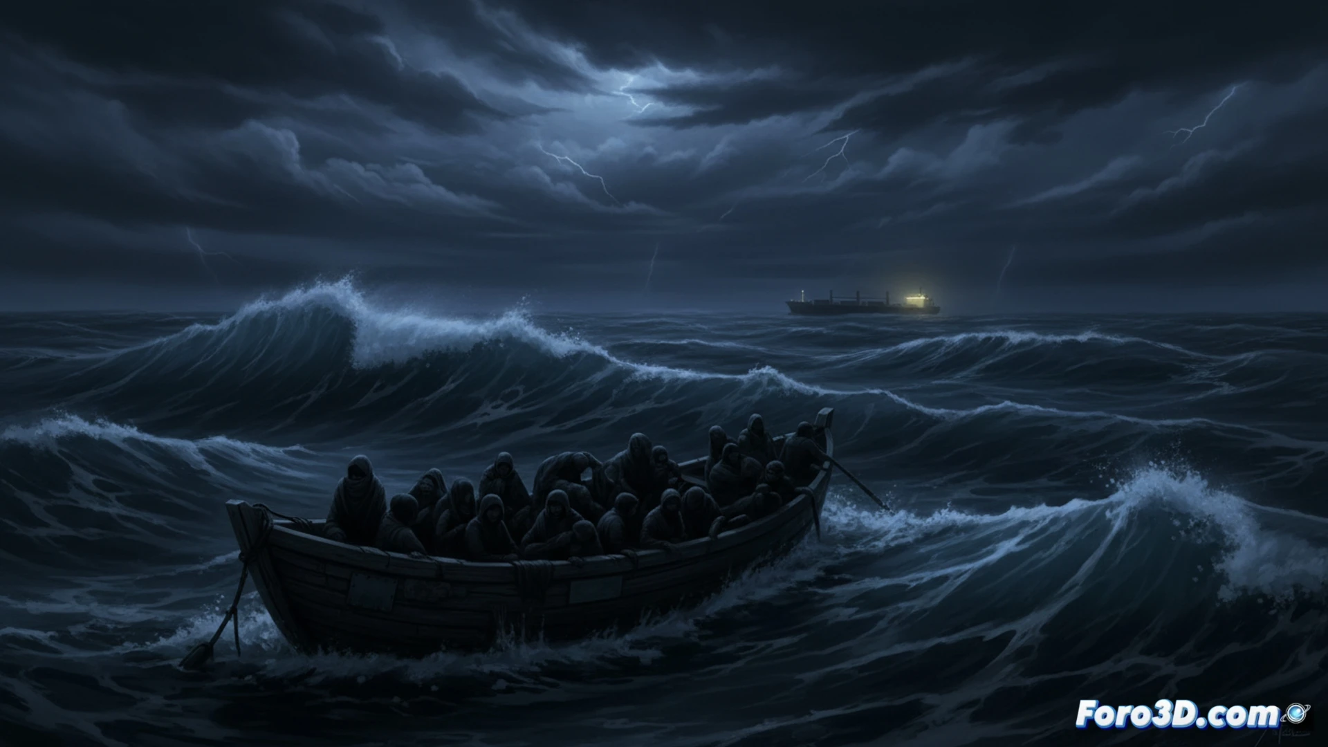 Imagen que muestra una embarcación de migrantes en el mar Mediterráneo, con personas a bordo, bajo un cielo nublado. La imagen refleja la precariedad y el peligro del viaje.