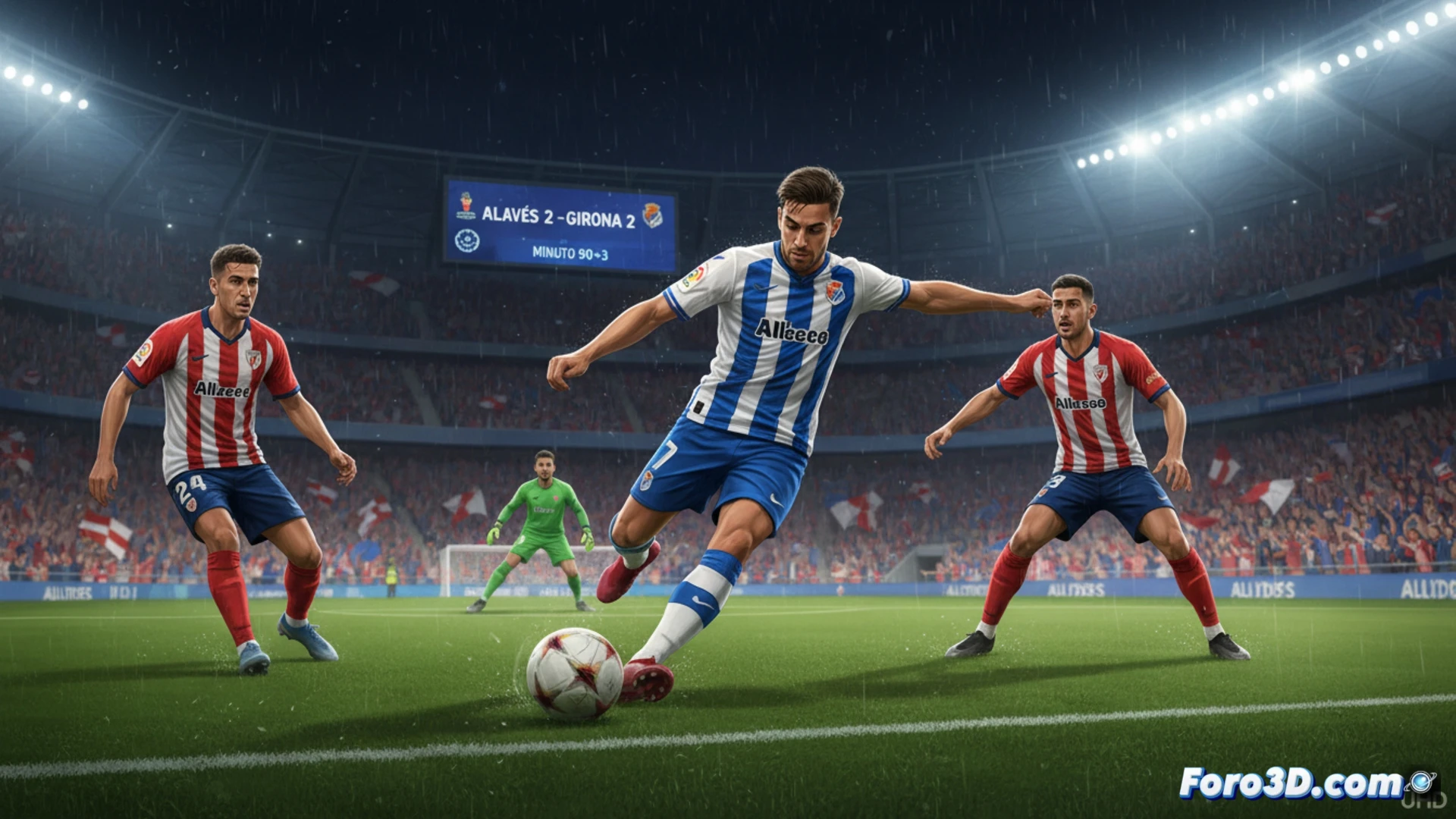 Un festejo de Boyé tras su segundo gol, mientras el Girona muestra frustración. El fondo es el estadio de Mendizorrotza en un atardecer de partido.