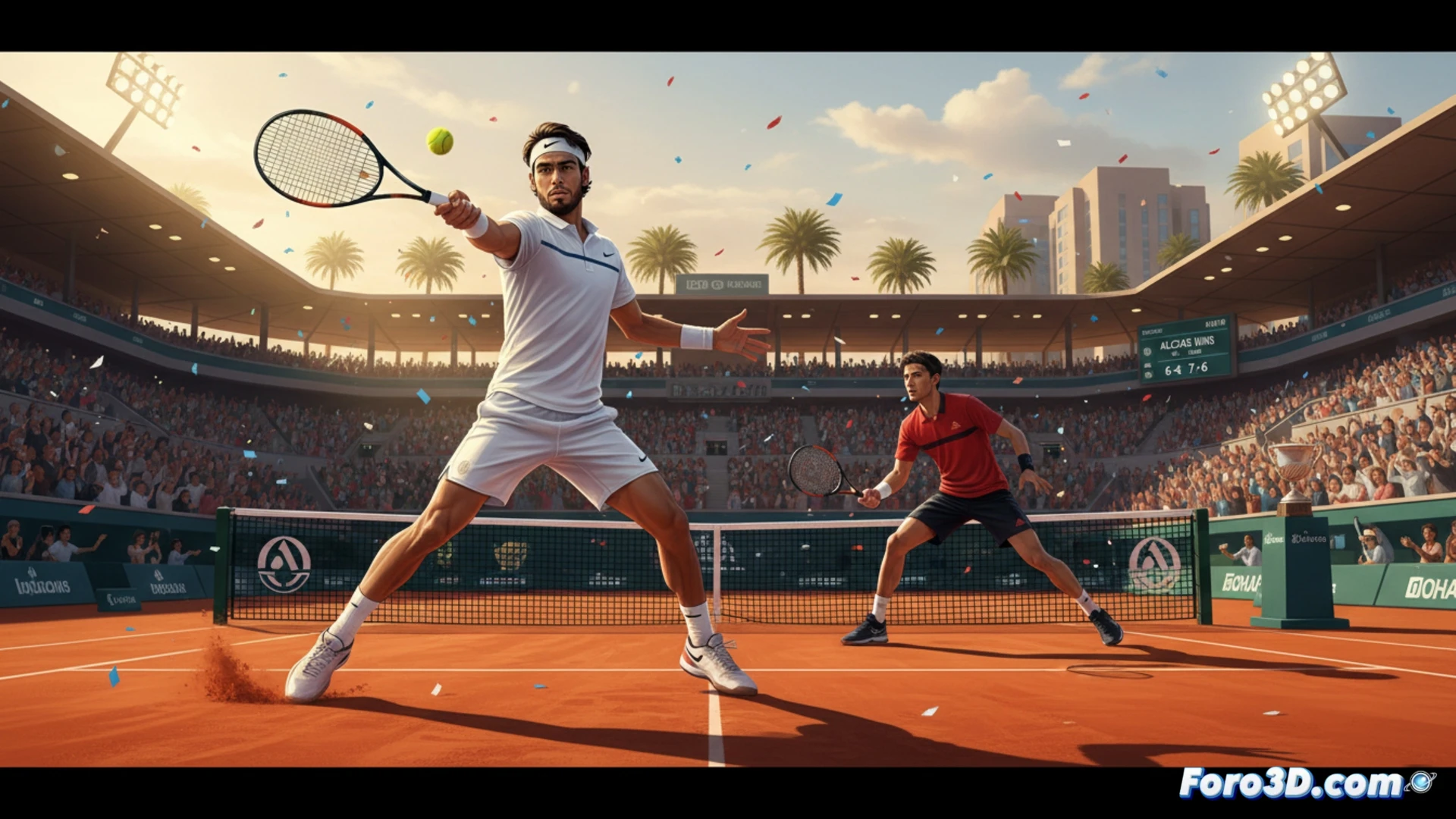 Carlos Alcaraz, concentrado, celebra un punto clave en la pista de Doha tras un potente golpe, con el público aplaudiendo.