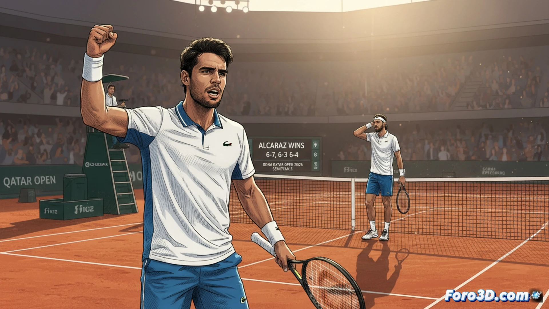 Alcaraz, concentrado tras un golpe de revés, en un partido nocturno de pista dura. El español, con gesto de esfuerzo, busca remontar ante Khachanov.