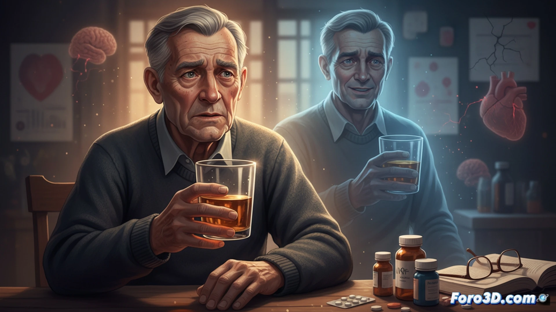 Una persona mayor observando con preocupación una copa de vino, mientras un gráfico médico superpuesto muestra el impacto del alcohol en el cerebro y el hígado envejecidos.