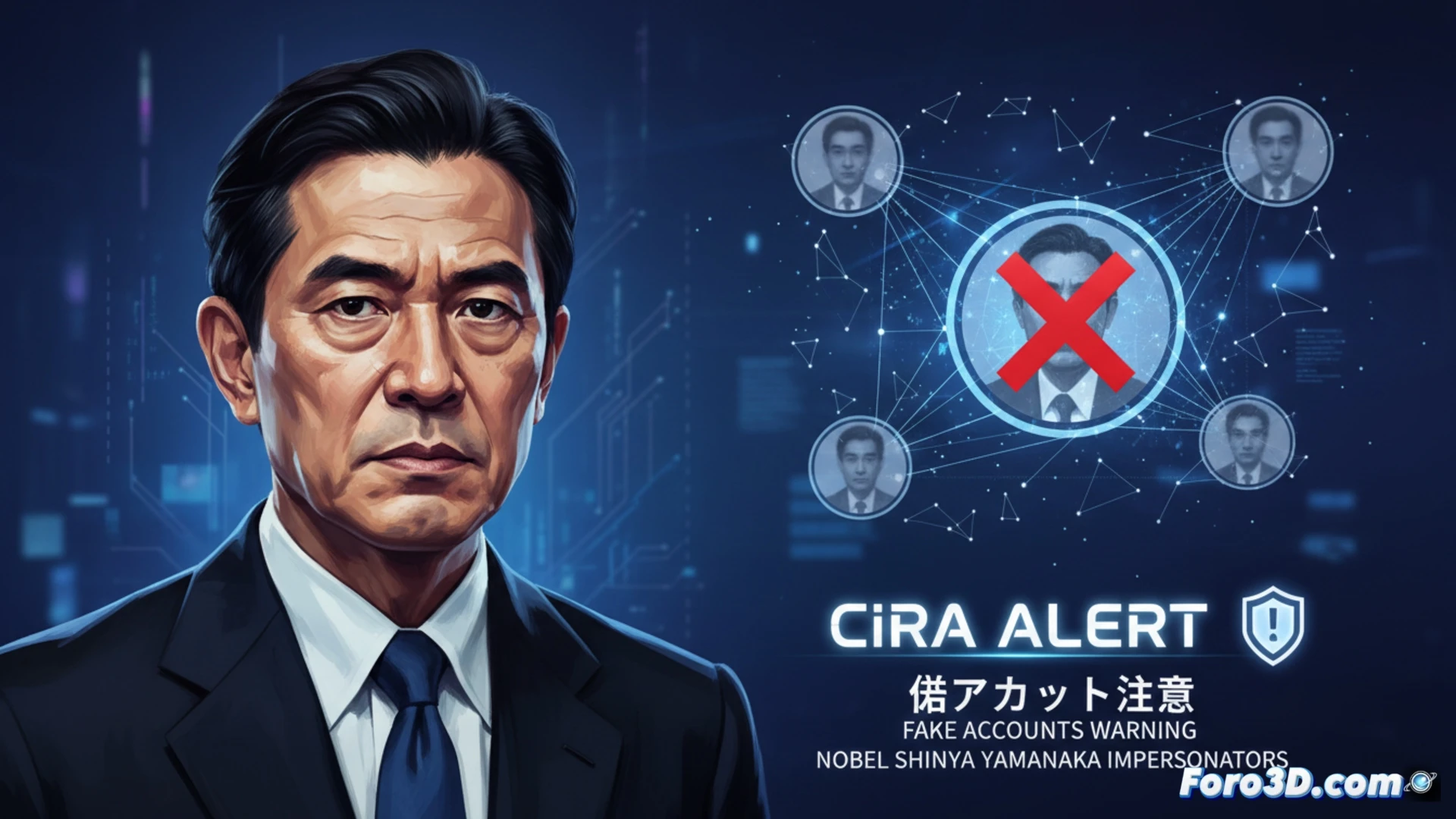 Imagen de un perfil falso en una red social, con el rostro de Yamanaka, mostrando sellos de FALSO y ALERTA superpuestos en rojo.