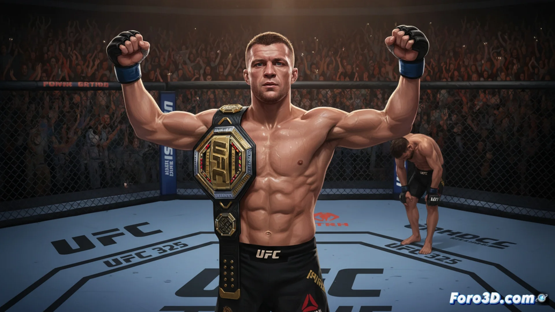 Alexander Volkanovski celebra su victoria en el octágono tras derrotar a Diego Lopes en UFC 325, sosteniendo el cinturón de campeón de peso pluma.