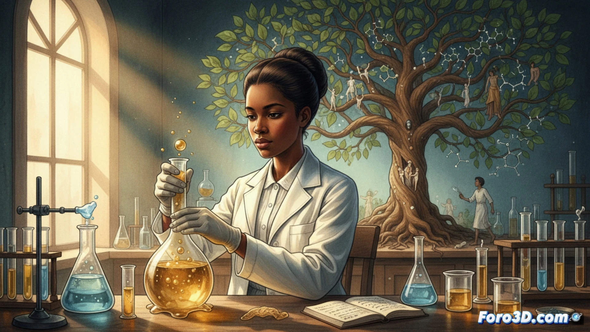 Una joven química, Alice Ball, analiza muestras en un laboratorio de principios del siglo XX, con frascos de aceite de chaulmoogra y notas científicas.