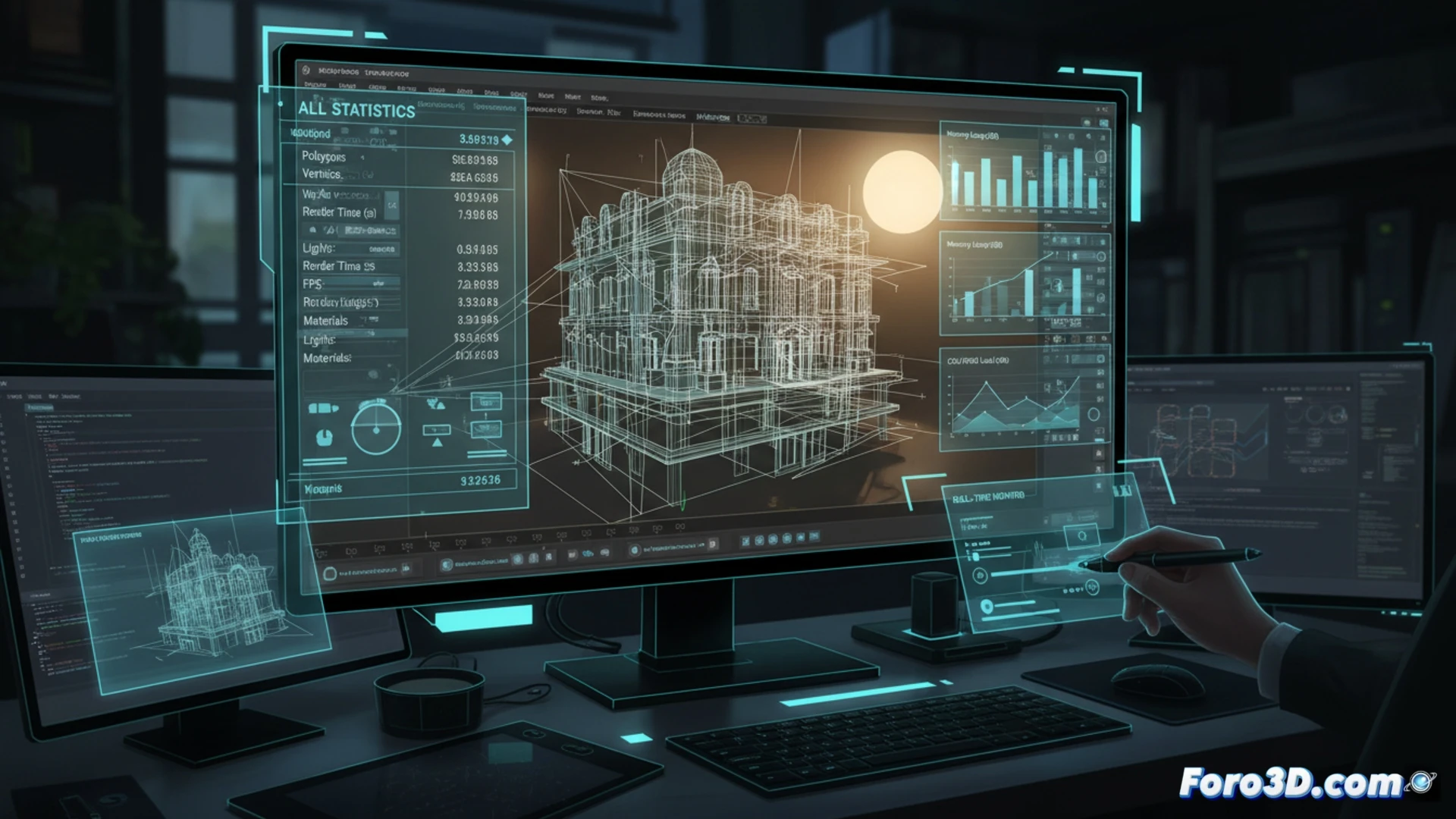 Un panel flotante en 3ds Max muestra estadísticas en tiempo real: polígonos, luces, FPS y memoria, superpuesto sobre una escena 3D compleja.