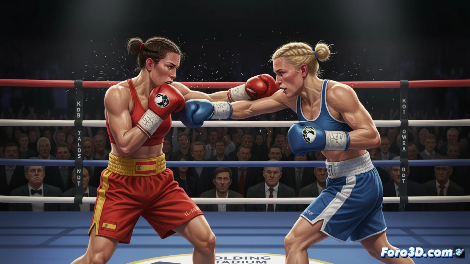 Almudena Álvarez y Dina Thorslund durante su combate por el título interino de peso pluma del WBC en el ring de Kolding, Dinamarca.