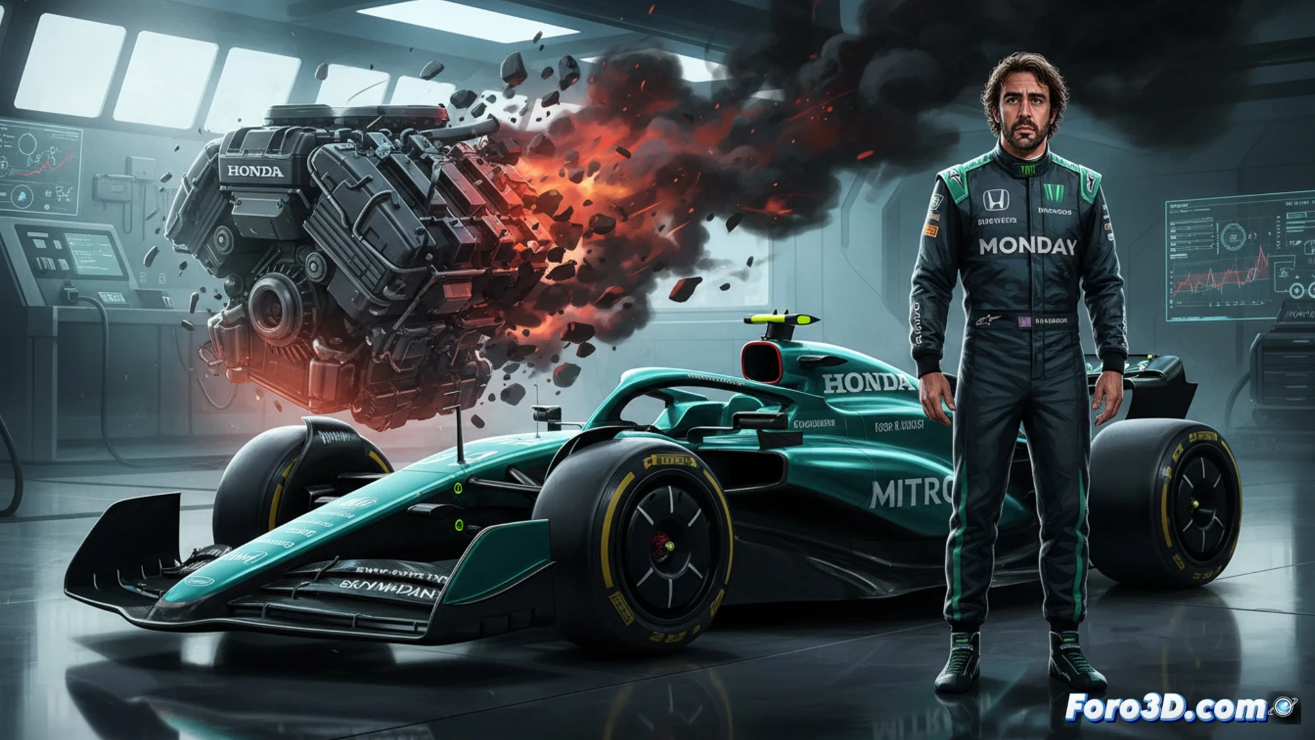 Fernando Alonso, con mirada analítica, revisa el Aston Martin AMR26. Su gesto es de confianza ante el chasis, pero de preocupación al señalar el motor Honda.