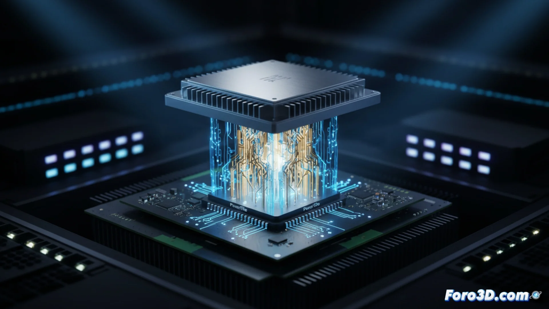 Fotografía o render del chip PowerTile de AmberSemi, mostrando su diseño compacto y su posible ubicación en la parte posterior de una placa base de servidor, cerca de un socket de procesador.