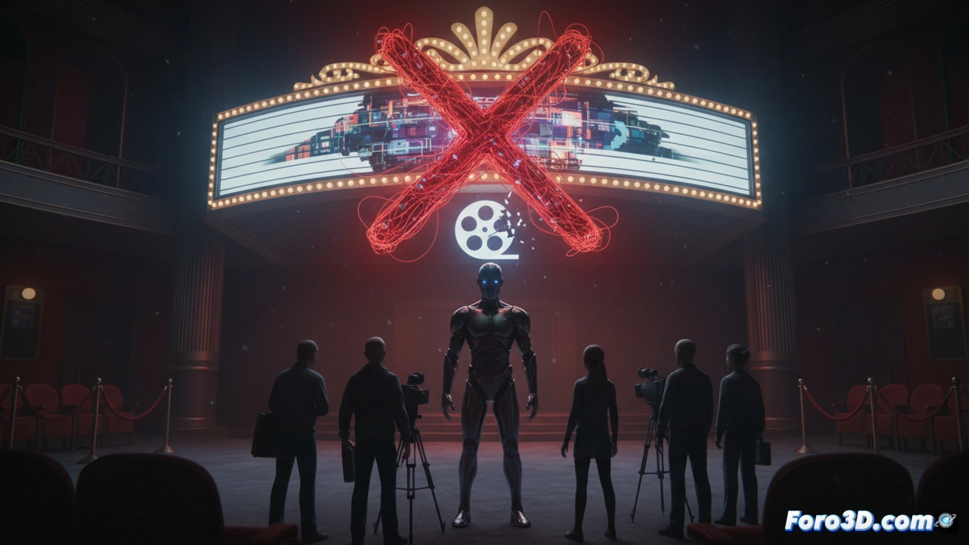 Imagen de una gran pantalla de cine vacía, con el logotipo de AMC en rojo. En primer plano, un símbolo de IA (un cerebro/circuito) se rompe contra el suelo, reflejado en el piso pulido.