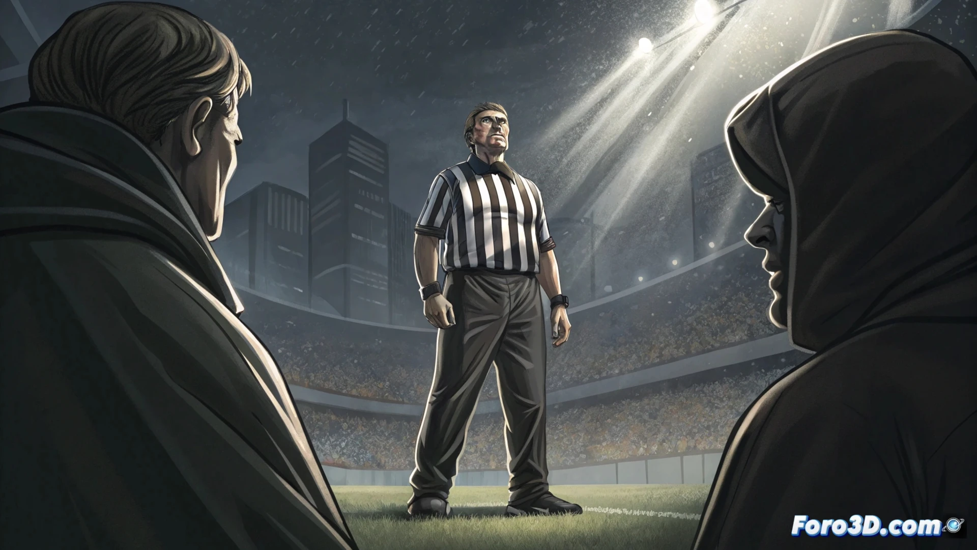 Árbitro revisando su móvil con rostro preocupado, pantalla llena de mensajes amenazantes. Fondo borroso de un estadio de fútbol.