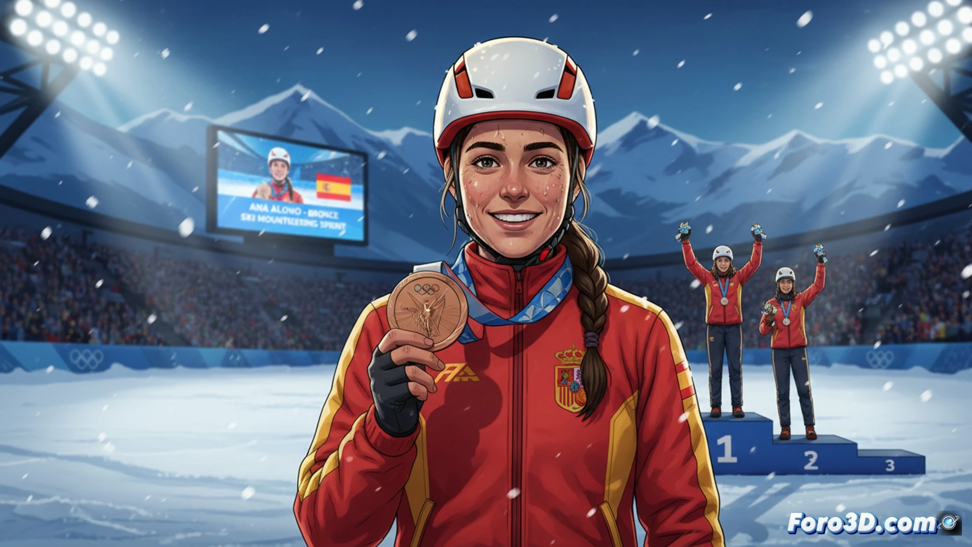 Ana Alonso, con el dorsal español, celebra el bronce en la meta del sprint de esquí de montaña olímpico.