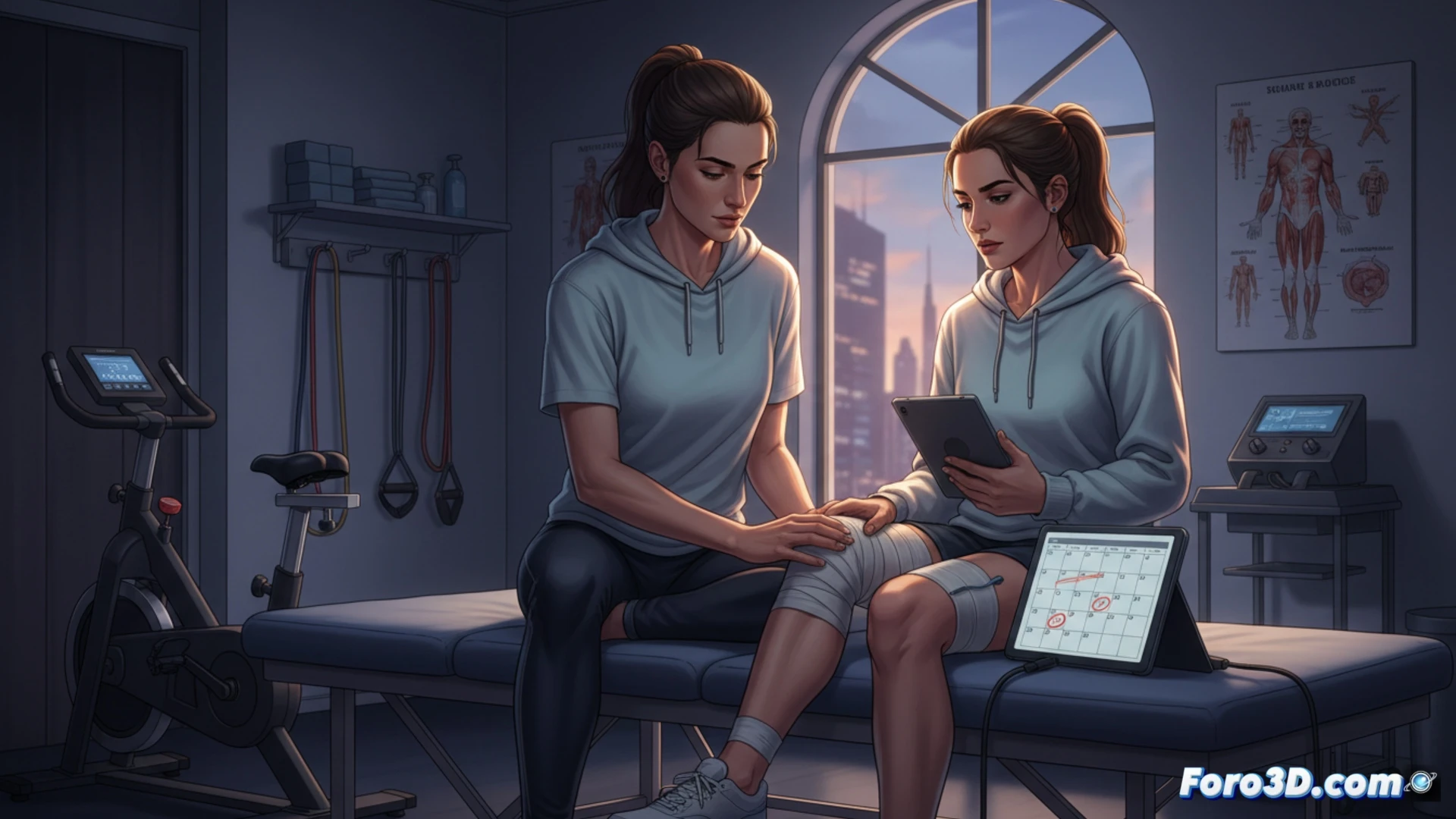 Una velocista, con expresión concentrada, se estira junto a la pista mientras observa a otros atletas competir al fondo.