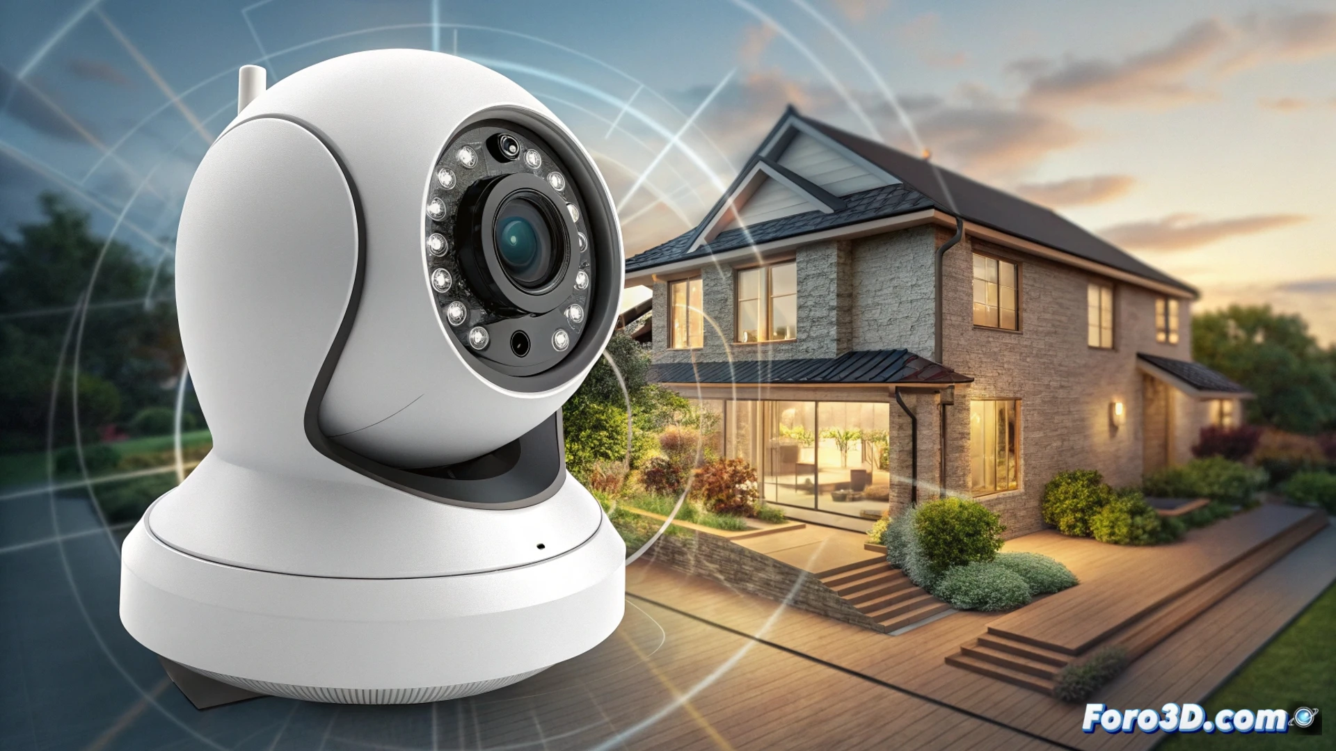 Cámara PTZ blanca sobre un soporte, girando en un jardín. Flechas de movimiento y zoom en pantalla, con un menú de configuración complejo al fondo.