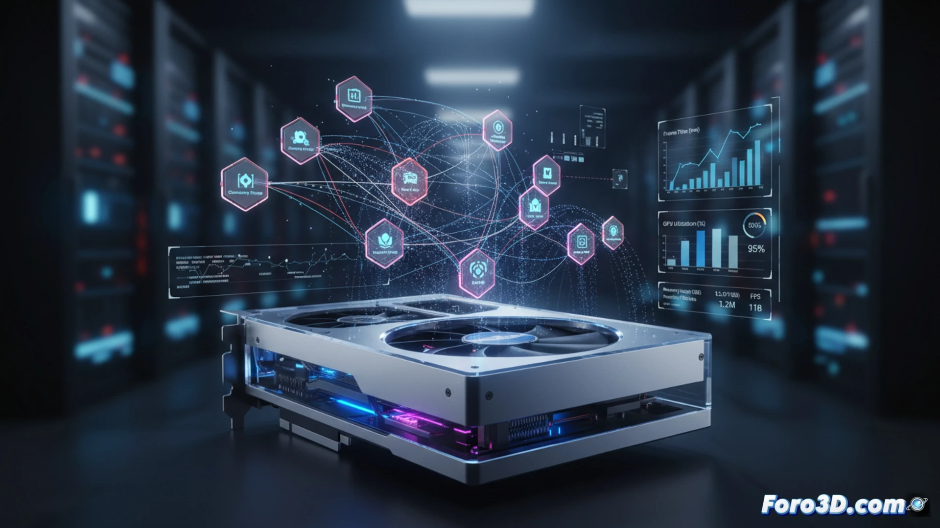 Una interfaz de código con nodos Graphite sobre una GPU moderna, mostrando flujos de renderizado complejos y métricas de rendimiento en tiempo real.