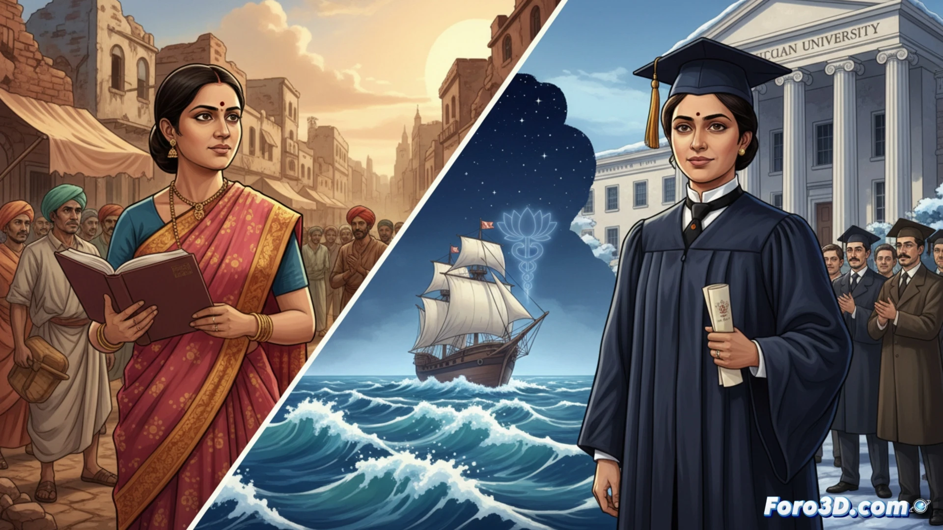 Una mujer india con sari, de pie firme frente a un barco, sosteniendo un diploma médico con mirada decidida y trasfondo de olas agitadas.