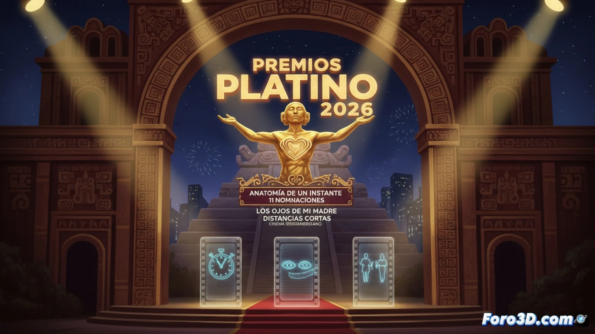 La alfombra roja de los Premios Platino ilumina el cartel de 'Anatomía de un instante' entre focos y estatuillas, simbolizando sus 11 nominaciones.