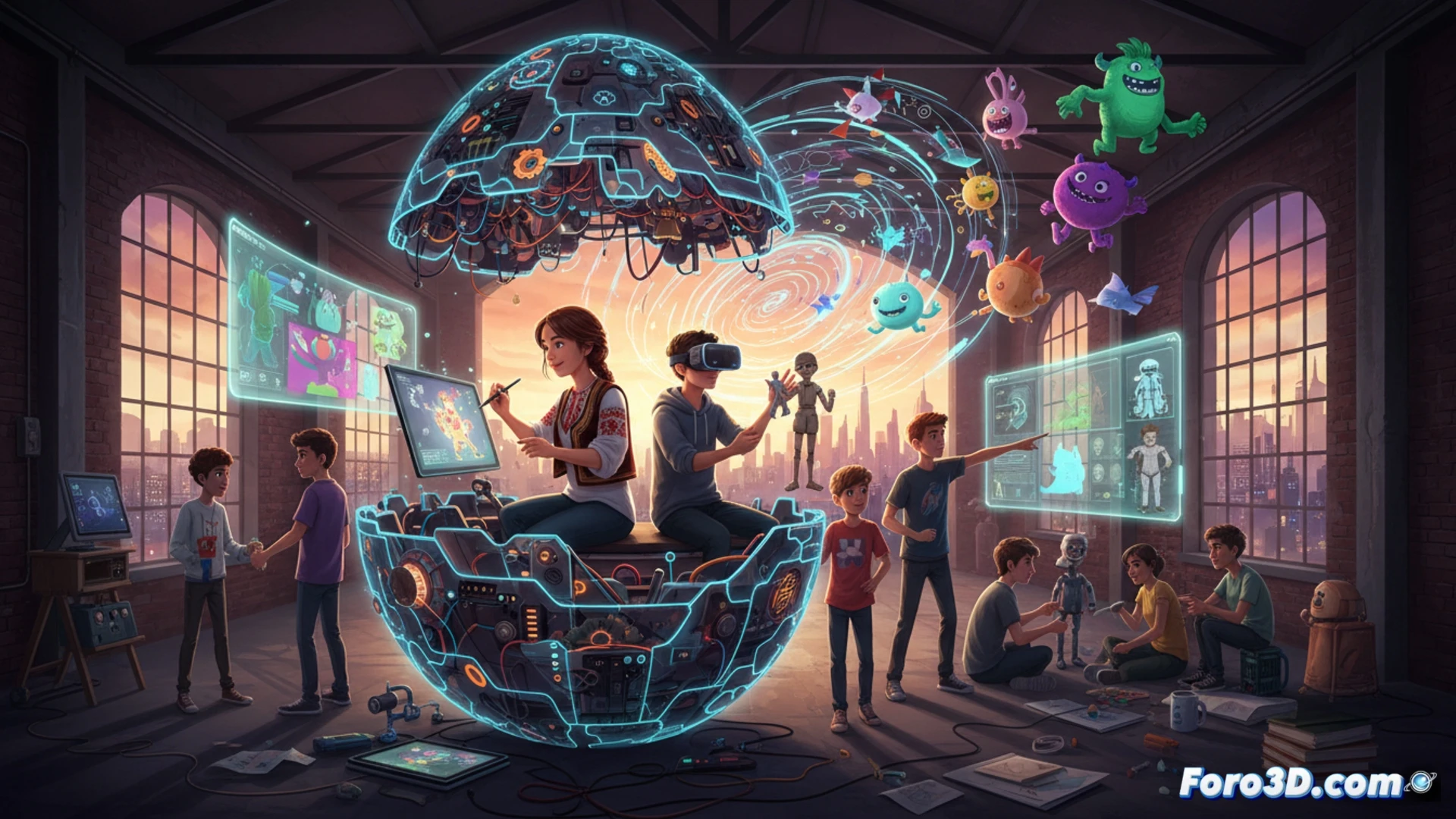 Un grupo diverso de jóvenes búlgaros, concentrados en tablets y mesas de luz, crean personajes y escenarios animados en un taller lleno de color y creatividad.