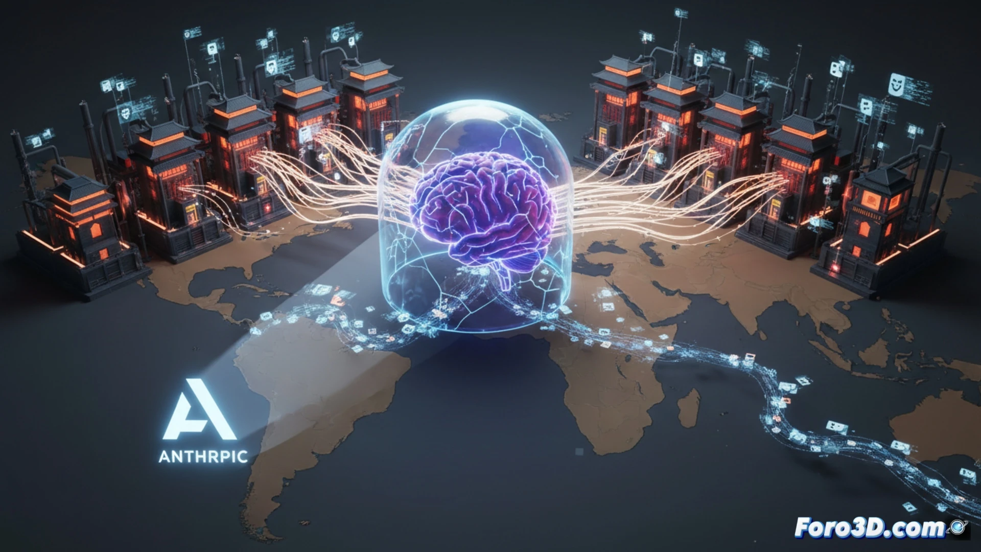 Imagen de una mano robótica estadounidense (con bandera) protegiendo un núcleo de datos brillante (