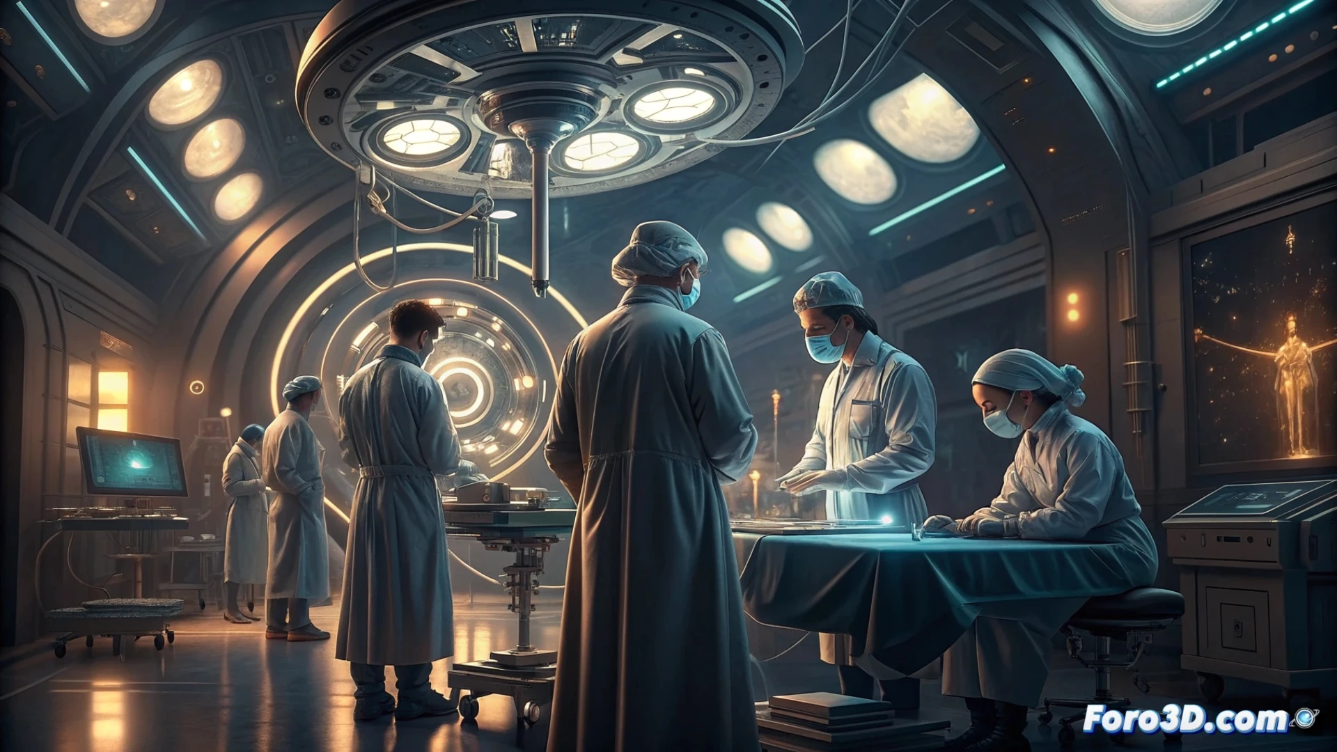 Un médico y un asistente de IA analizan datos médicos en una tablet, en un entorno clínico moderno y seguro.