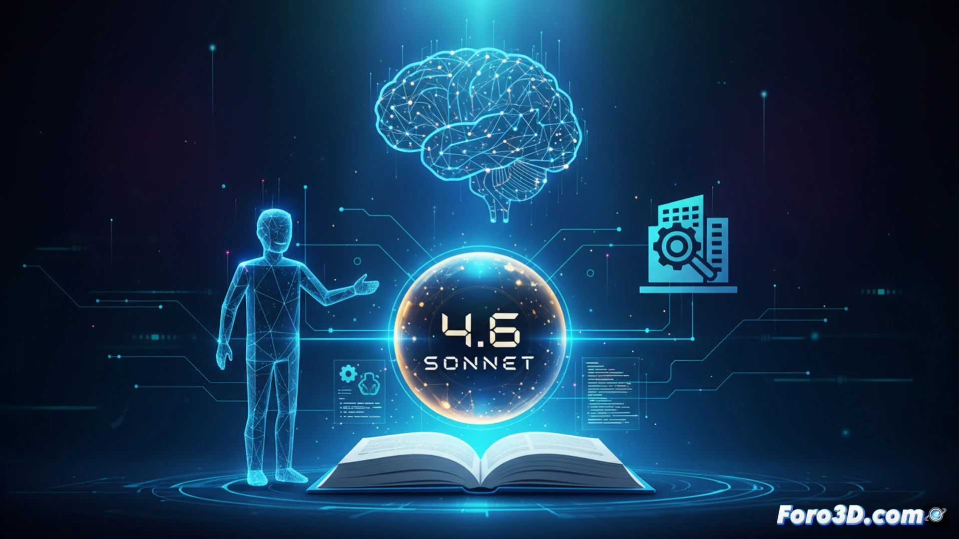 Claude Sonnet 4.6, un modelo de IA moderno y accesible, flota sobre un fondo minimalista junto a iconos de código, gráficos y documentos.