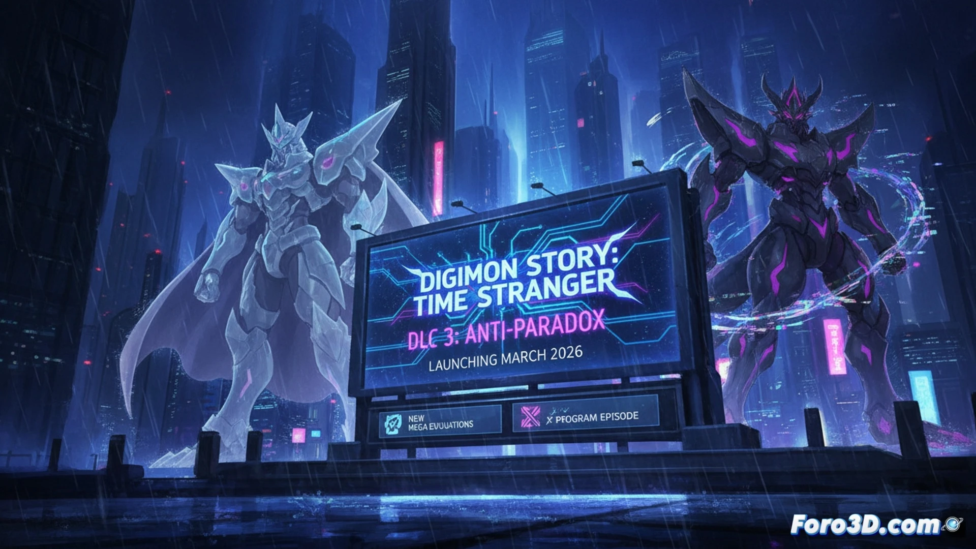 Un Digimon oscuro enfrenta a los héroes en un paisaje digital distorsionado por el misterioso X Program.