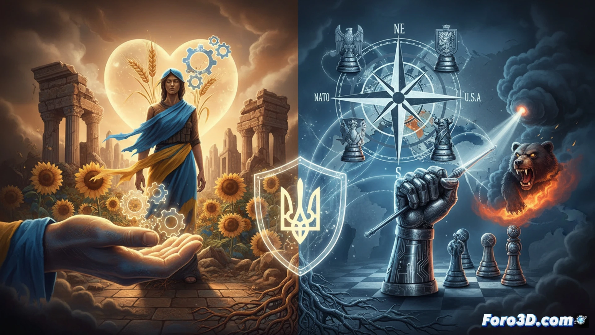 Un mapa de Ucrania con banderas aliadas como refuerzo, sobre un tablero de ajedrez geopolítico que simboliza el cálculo estratégico tras la solidaridad.