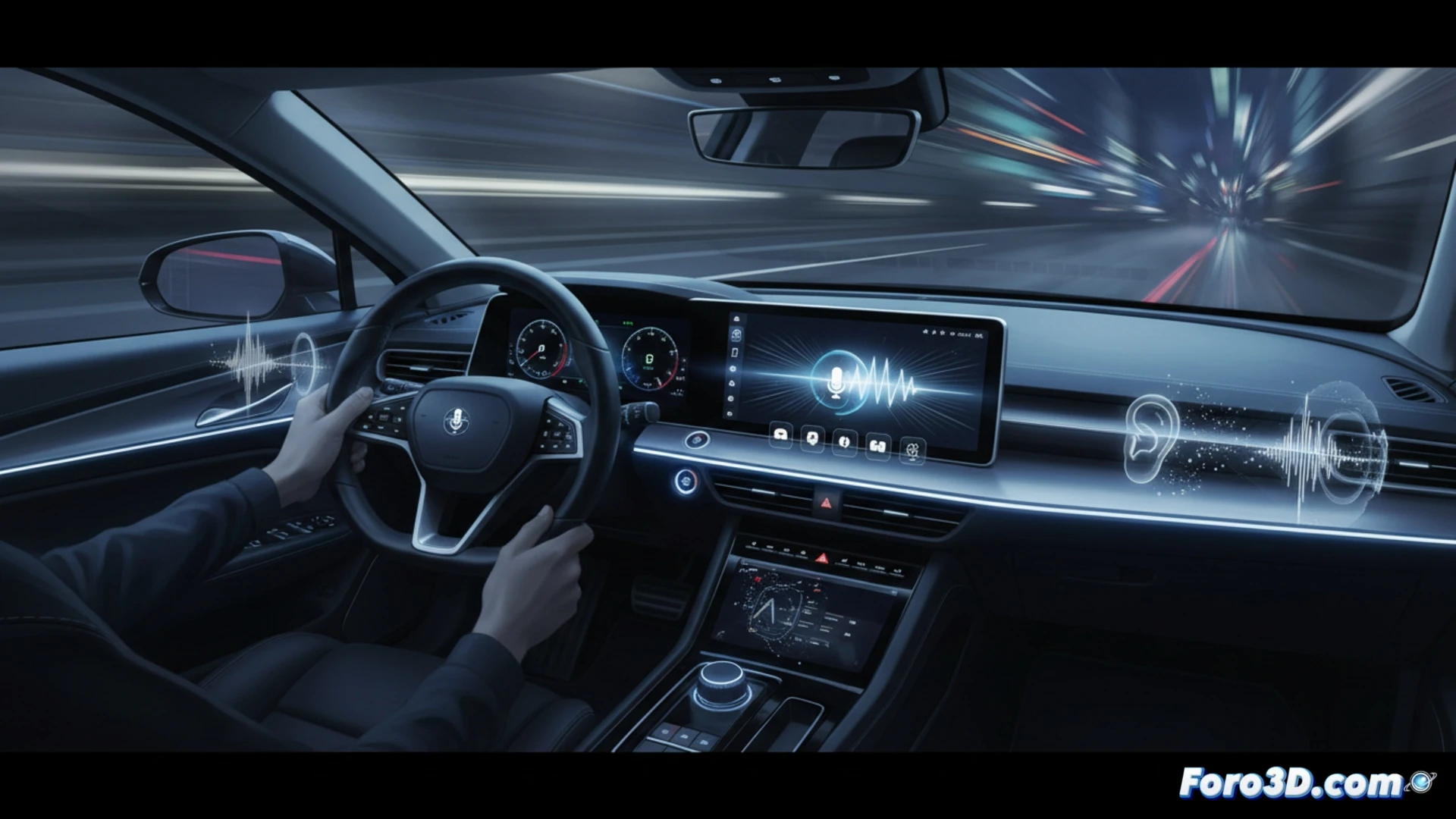 Pantalla de CarPlay con iconos de ChatGPT, Claude y Gemini. El conductor usa el volante para activar el asistente por voz, sin tocar la pantalla.