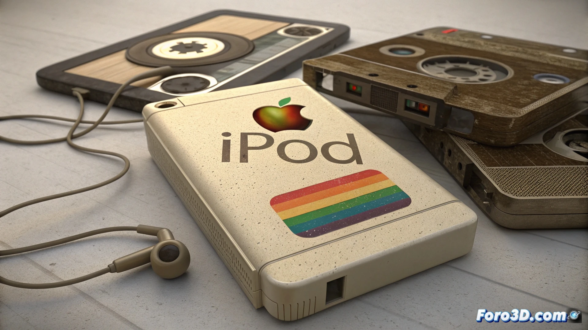 Un iPod retro beige con el logo de arcoíris de Apple, inspirado en el diseño clásico del Macintosh original.