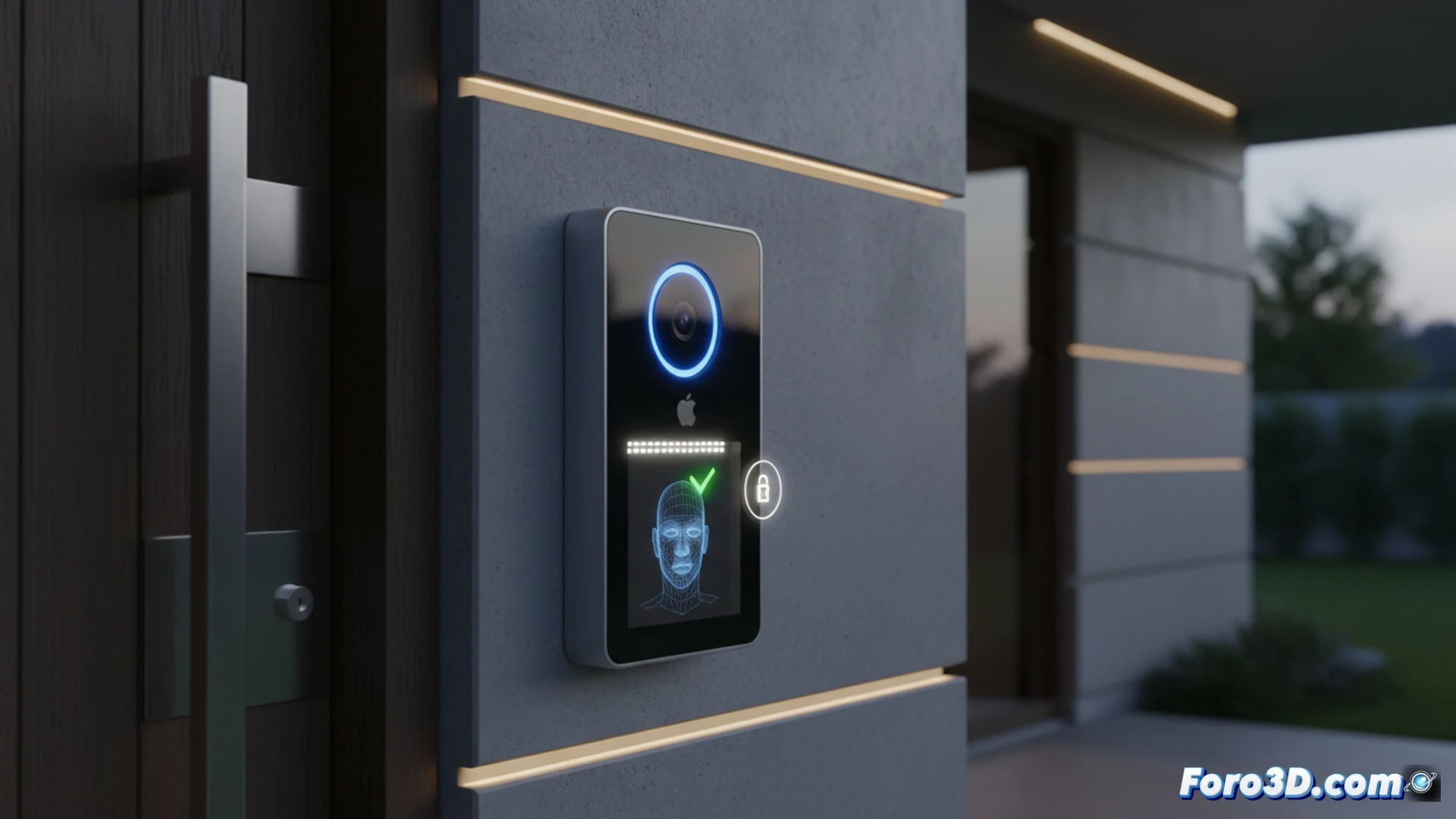 Videoportero de Apple con marco metálico. Pantalla muestra reconocimiento facial (Face ID) y opción para desbloquear una cerradura inteligente en la puerta.