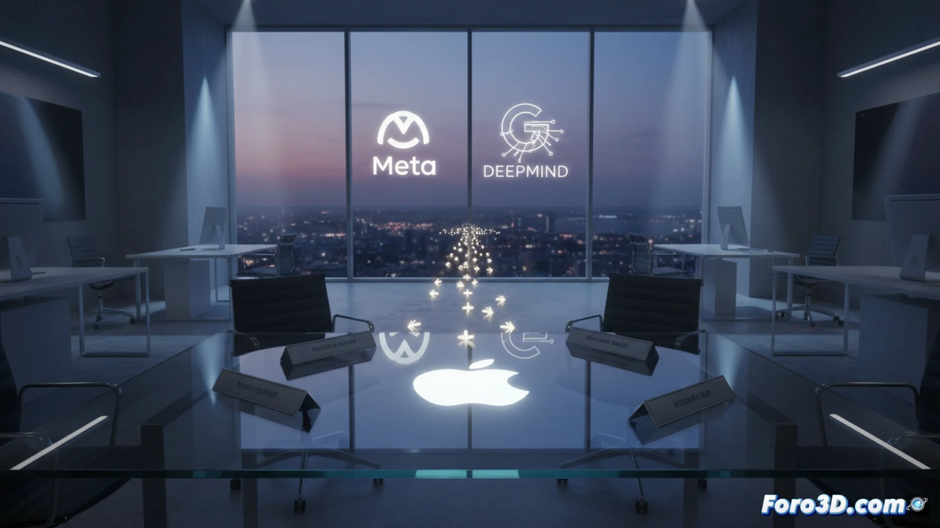 Ilustración conceptual que muestra el logotipo de Apple con varias figuras humanas saliendo de él y dirigiéndose hacia los logos de Meta y Google DeepMind, simbolizando la fuga de talento.