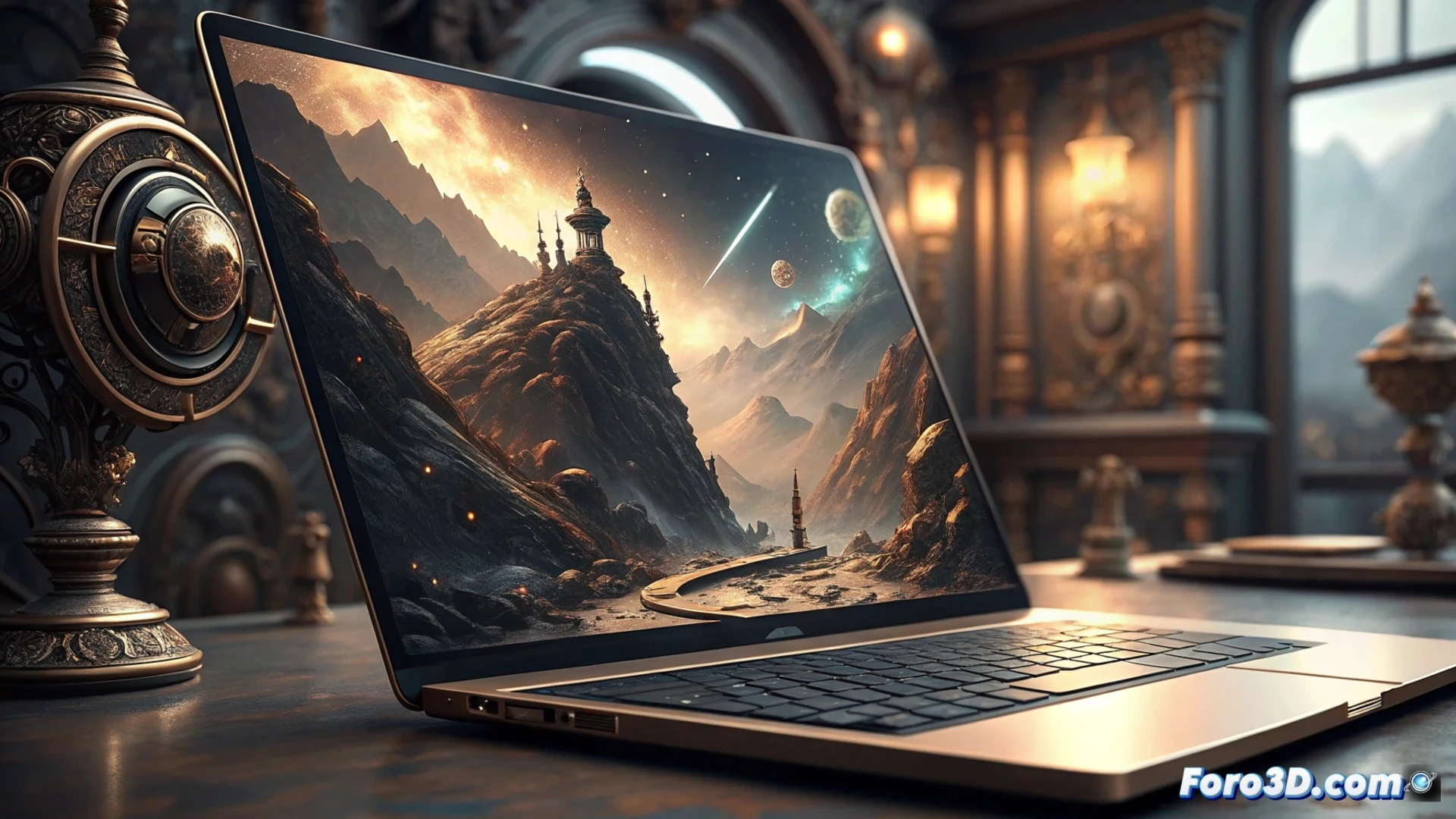 Un MacBook con pantalla táctil OLED y Dynamic Island, mostrando gestos en macOS sobre un fondo minimalista.
