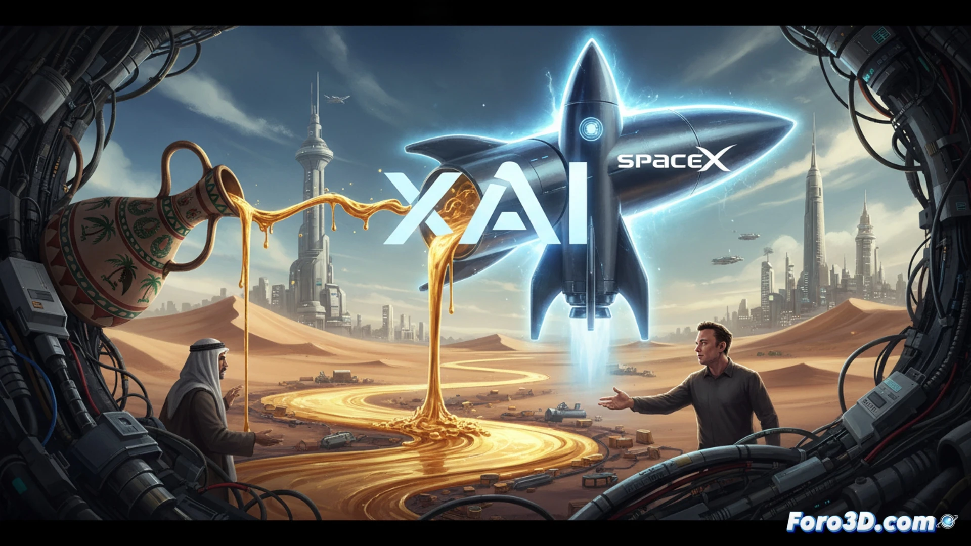 Un ejecutivo saudí y Musk firman un acuerdo, con logotipos de xAI y SpaceX proyectados sobre un globo terráqueo brillante.