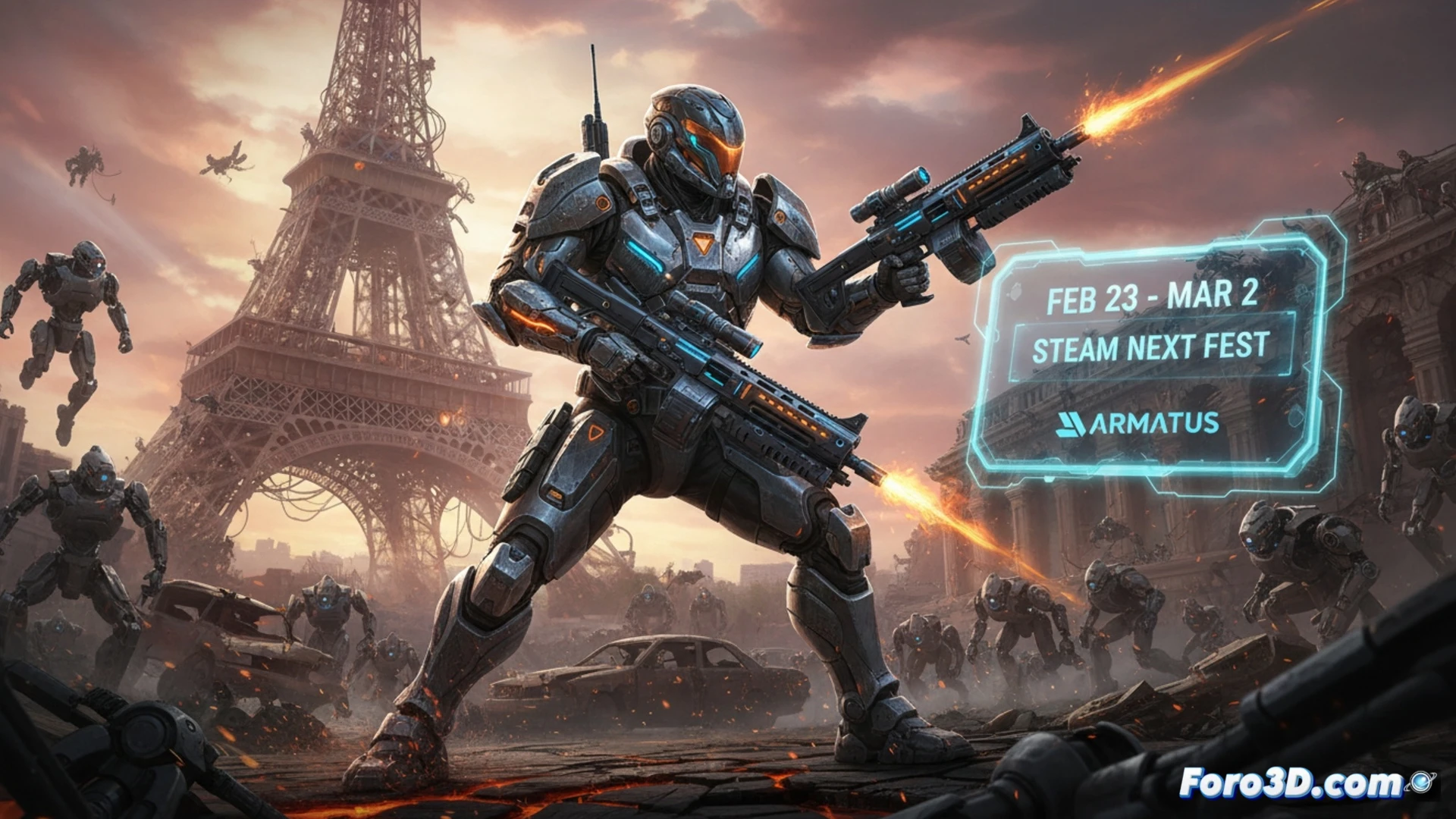 Un soldado futurista combate hordas mecánicas entre las ruinas de la Torre Eiffel, probando armas y habilidades en una demo limitada.