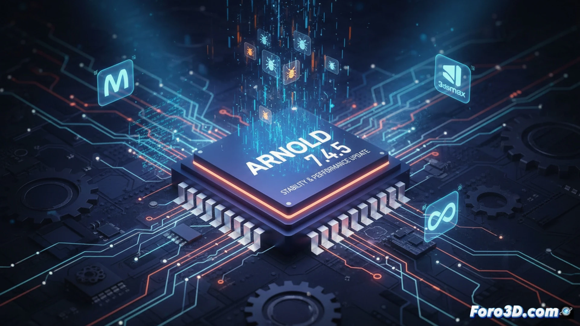 Una interfaz de Arnold 7.4.5 en Maya, mostrando un render nítido y estable de una escena 3D compleja, con controles de iluminación y rendimiento destacados.