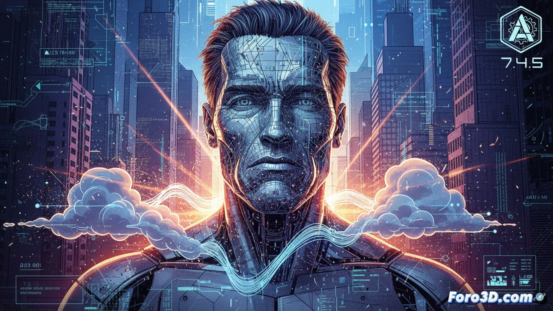 Una interfaz 3D muestra un render con líneas estilizadas y volúmenes de nubes realistas, destacando las nuevas herramientas de Arnold 7.4.5.