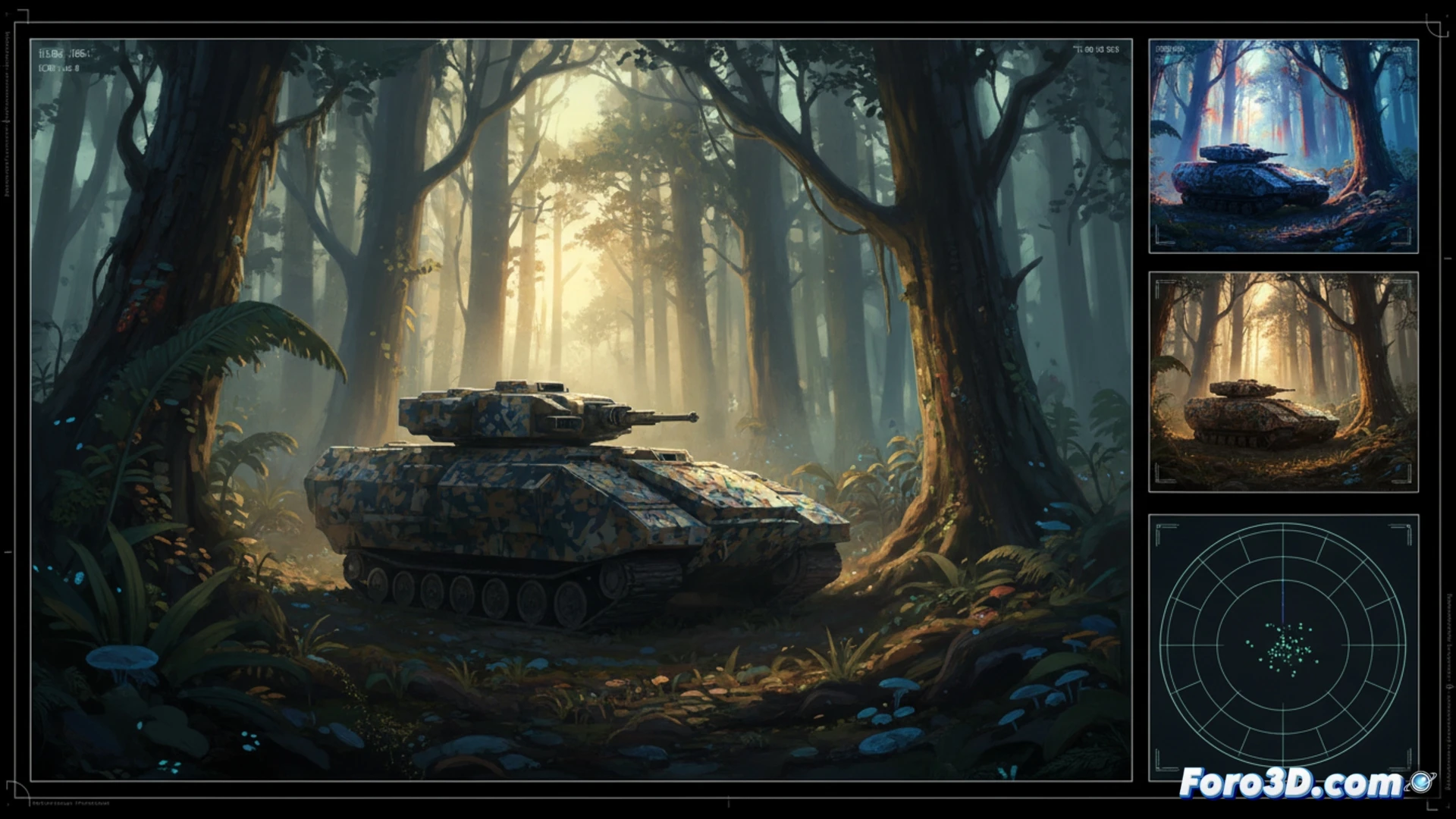 Un soldado equipado con un traje de camuflaje avanzado, parcialmente visible, se funde con un entorno boscoso. La imagen muestra un efecto visual donde el patrón del uniforme distorsiona el contorno de la figura.