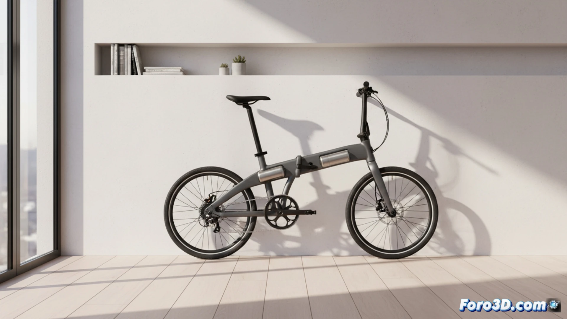 Fotografía de la bicicleta eléctrica Tenways CGO Compact plegada, mostrando su perfil delgado similar a un acordeón, apoyada junto a un escritorio de oficina.